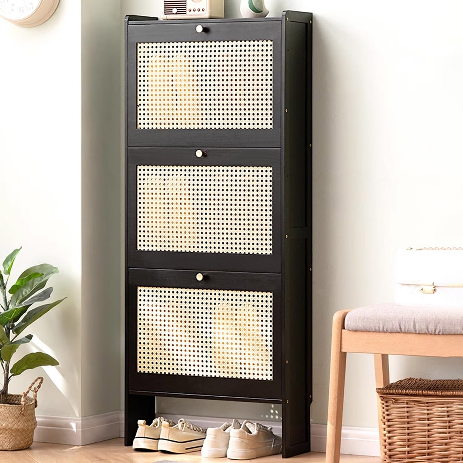 SVFOEBJM Shoe Storage Cabinet, Shoe Cabinet for Entryway Narrow, Plastic Rattan Shoe Cabinet, Freestanding Wooden Shoe Rack Storage Cabinet for Entryway Hallway Bedroom