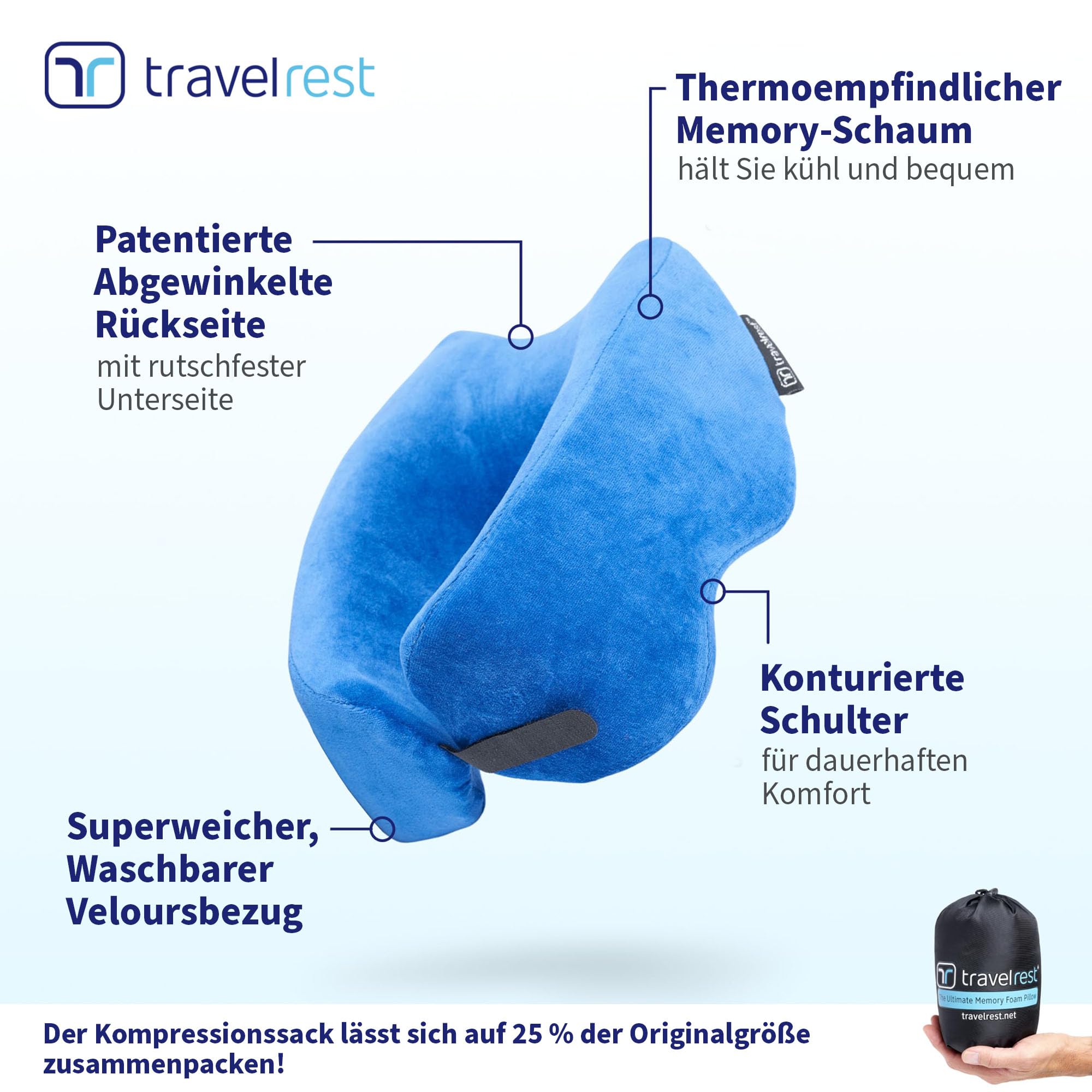 travelrest Nest Memory Foam Reisekissen Nackenkissen, waschbar – von NYTimes Wirecutter zum besten Reisekissen für 2026 gewählt – waschbar – lässt Sich auf 1/4 Seiner Größe zusammenpacken
