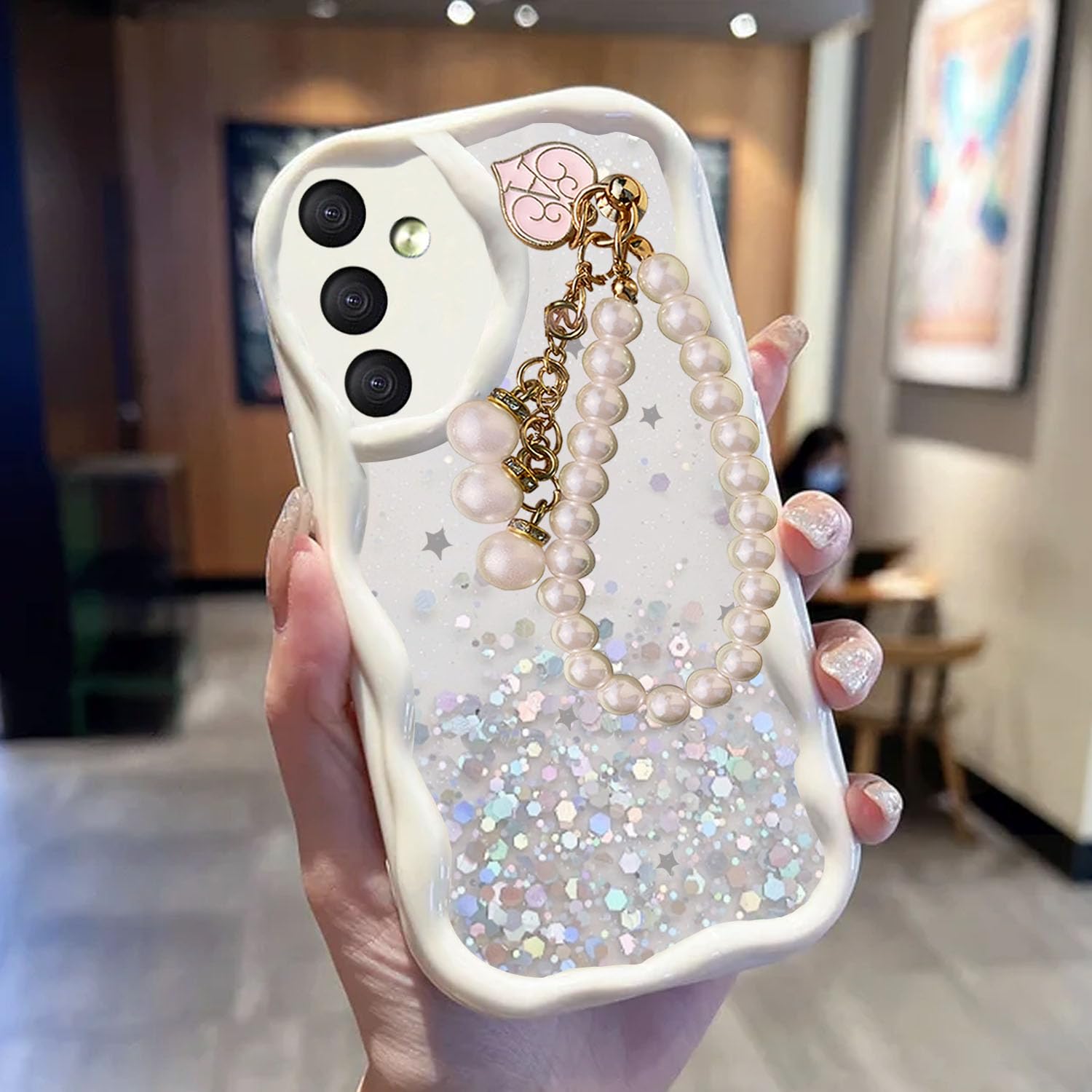 KC Back Cover for Samsung Galaxy A54 5G - Shiny Pearl Wrist Hanging Chain Dry Fixed Glitter Curly Wave Shape Shockproof Soft Silicone Case with Camera Protection (White) (B0CXHZ9T74) Amazon Price History, Amazon Price Tracker