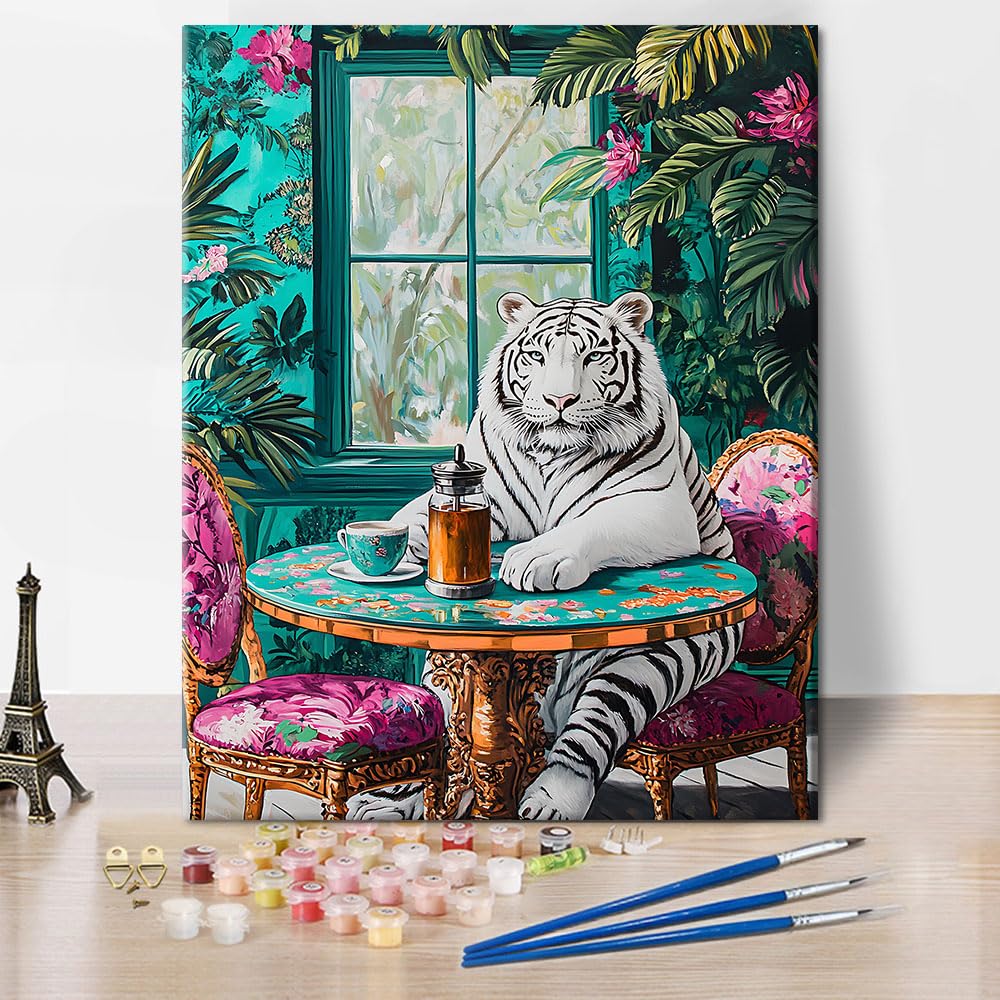 TISHIRON Paint by Number for Adults, Tiger Sitting at a Table Paint by Numbers, Tiger Painting by Numbers Kits, Animal Artwork DIY Oil for Adults Painting Craft Kits for Adult, 40x50cm