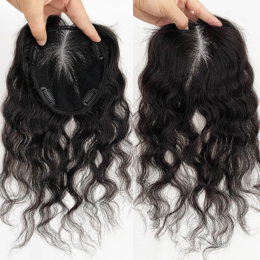 Topper di capelli umani ondulati per donne con capelli dirassanti, invisibile, 9 x 14 cm, retina svizzera fatta a mano (30,5 cm)