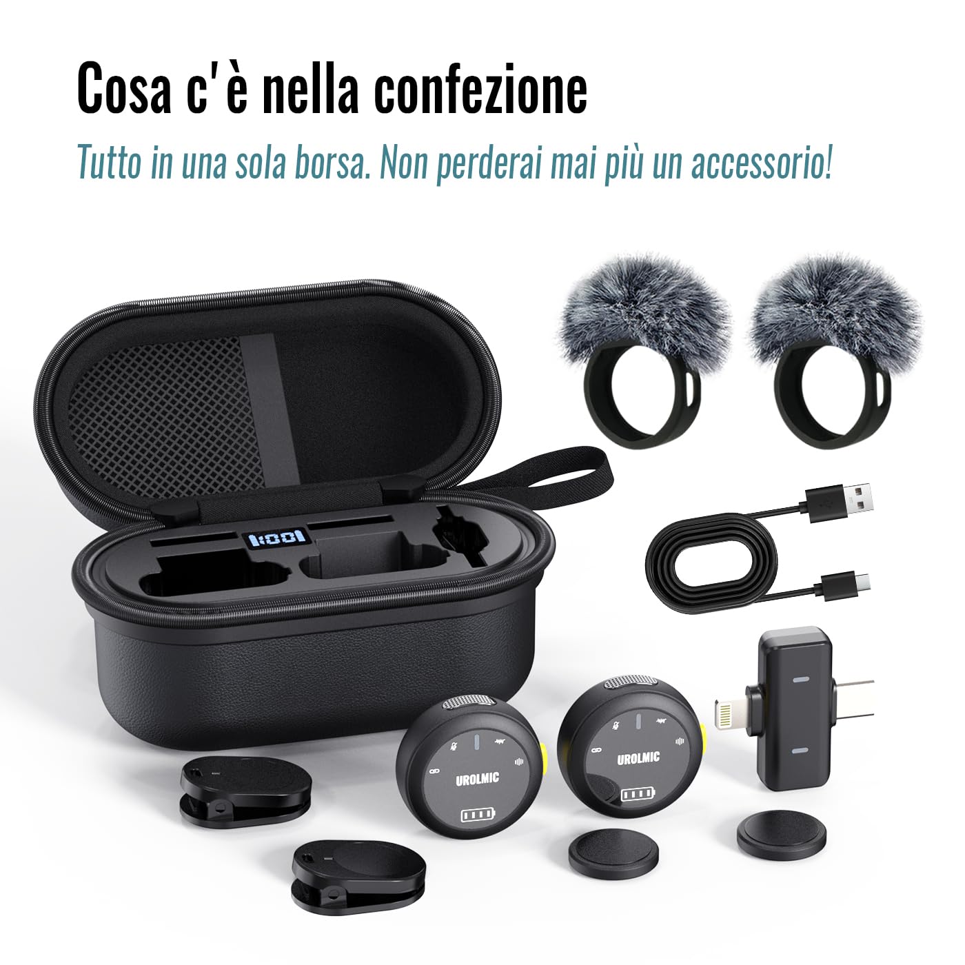 Microfono wireless 2-in-1, 40 Ore di Autonomia, Cancellazione Rumore Professionale, Indossamento Magnetico, Trasmissione 55m, Compatibile con iPhone e Android per Registrazione