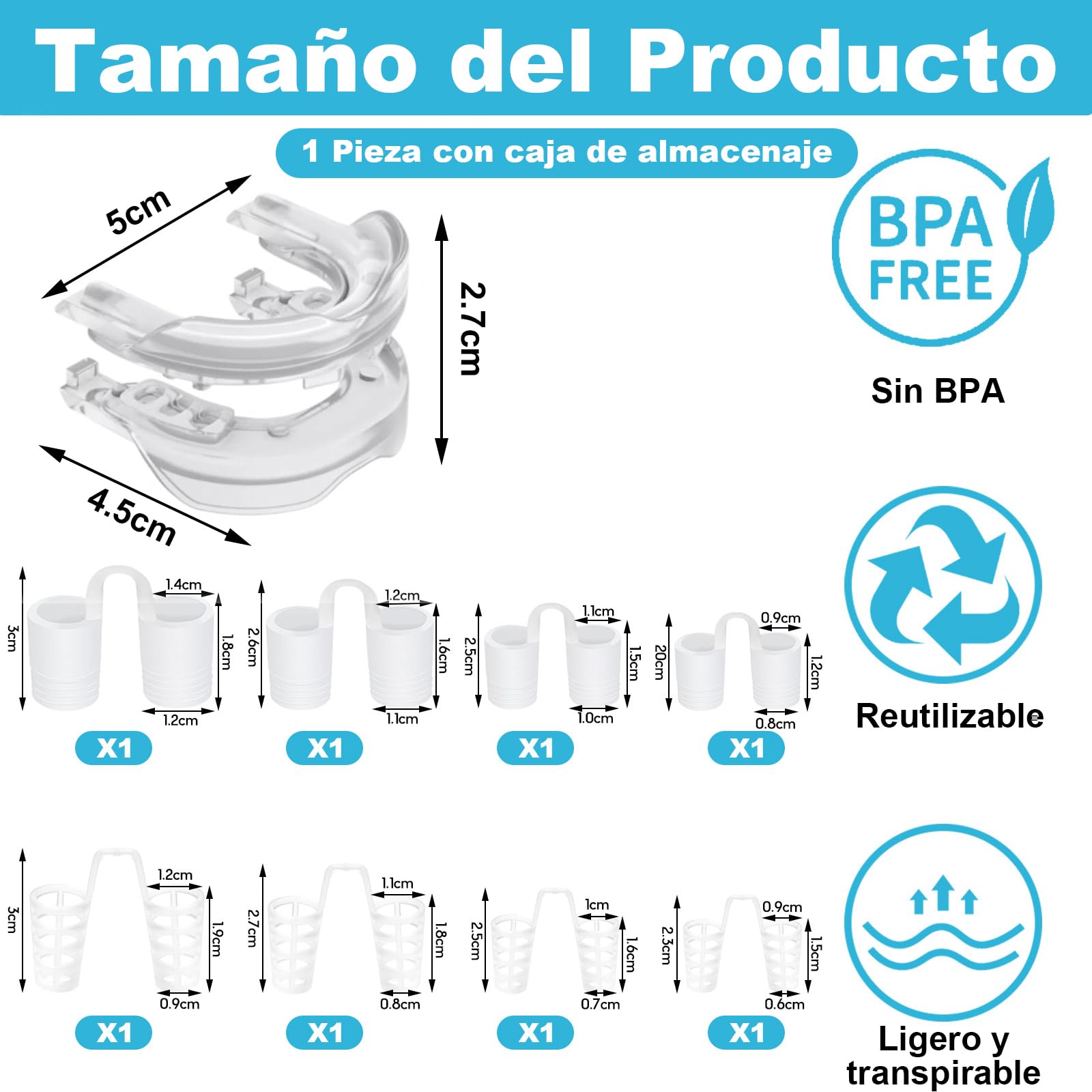 Scettar Ferula Antironquidos+8 Tamaños Dilatador Nasal Silicona,Ferula Descarga Bruxismo Reciclable,Antironquidos para Dormir,Dilatador Nasal Antironquidos Para Breathe Right y Antironquidos