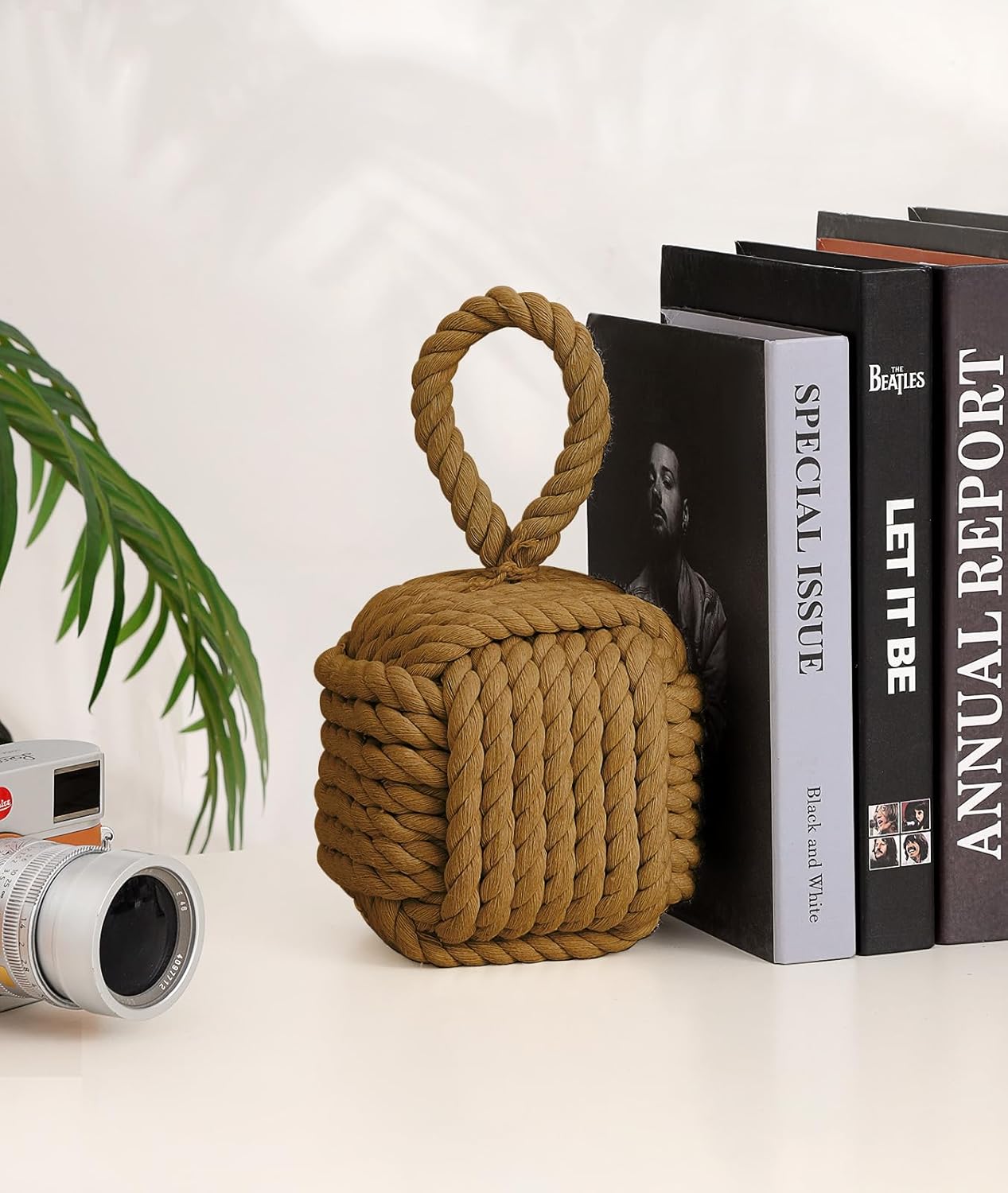 2Pack Decorative Door Stoppers - Cute Rope Knot Design, Heavy Duty Weighted Doorstop with Inside Mount for Home & School, Khaki