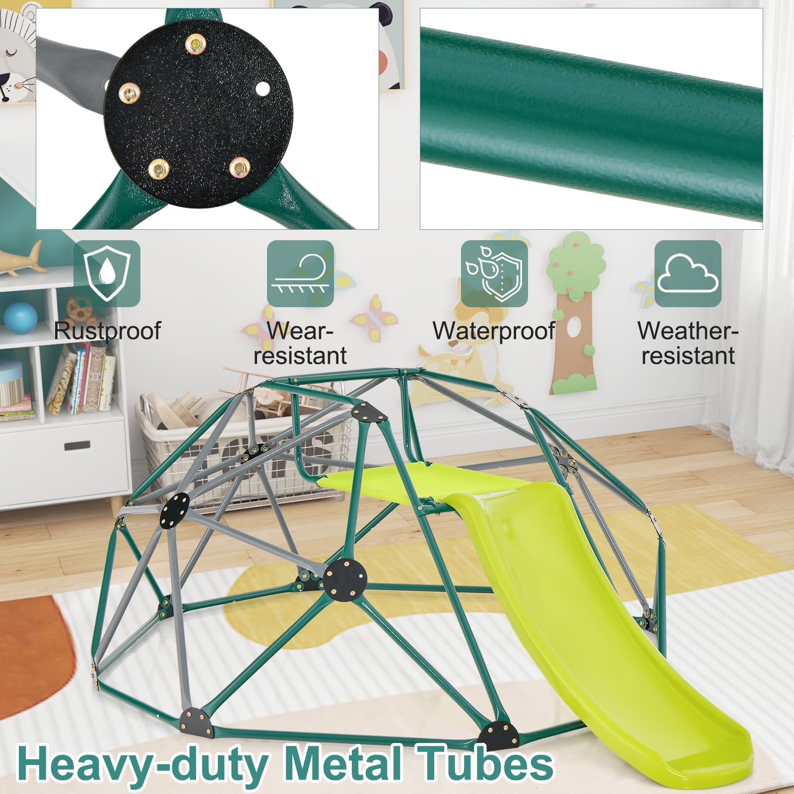 HOMASIS Struttura da Arrampicata per Bambini da Giardino a Cupola, Parco Giochi Esterno con Scivolo e Sedile, Scala da Arrampicata per Bambini dai 3+ Anni, Portata fino a 280 kg (Grigio + Verde)