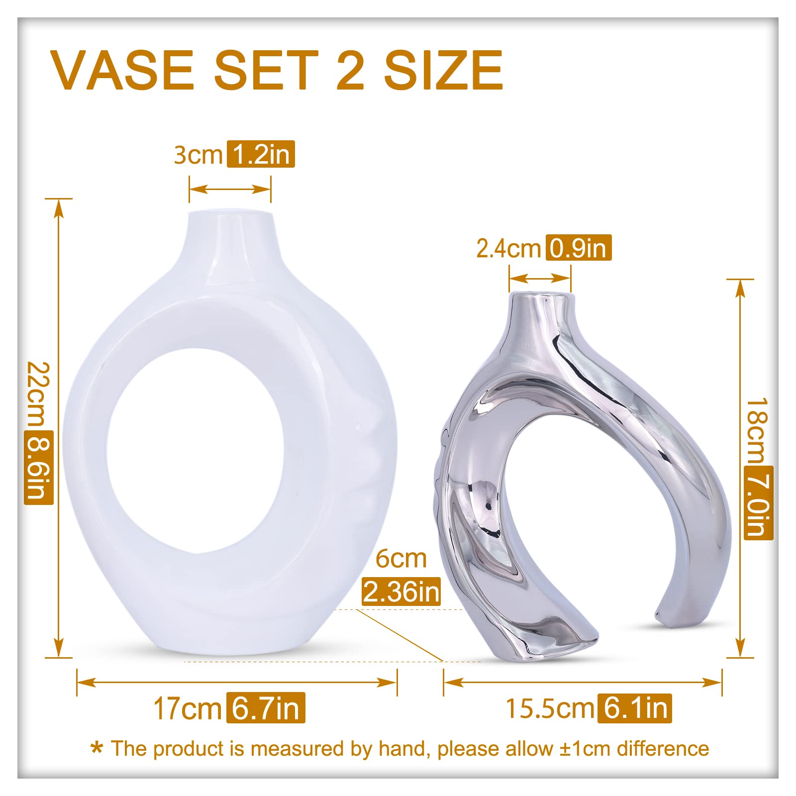 Juego de 2 jarrones de cerámica blanca y plateada, redondos de cerámica para decoración de sala de estar, estantería, chimenea, centro de mesa de comedor (blanco plateado)