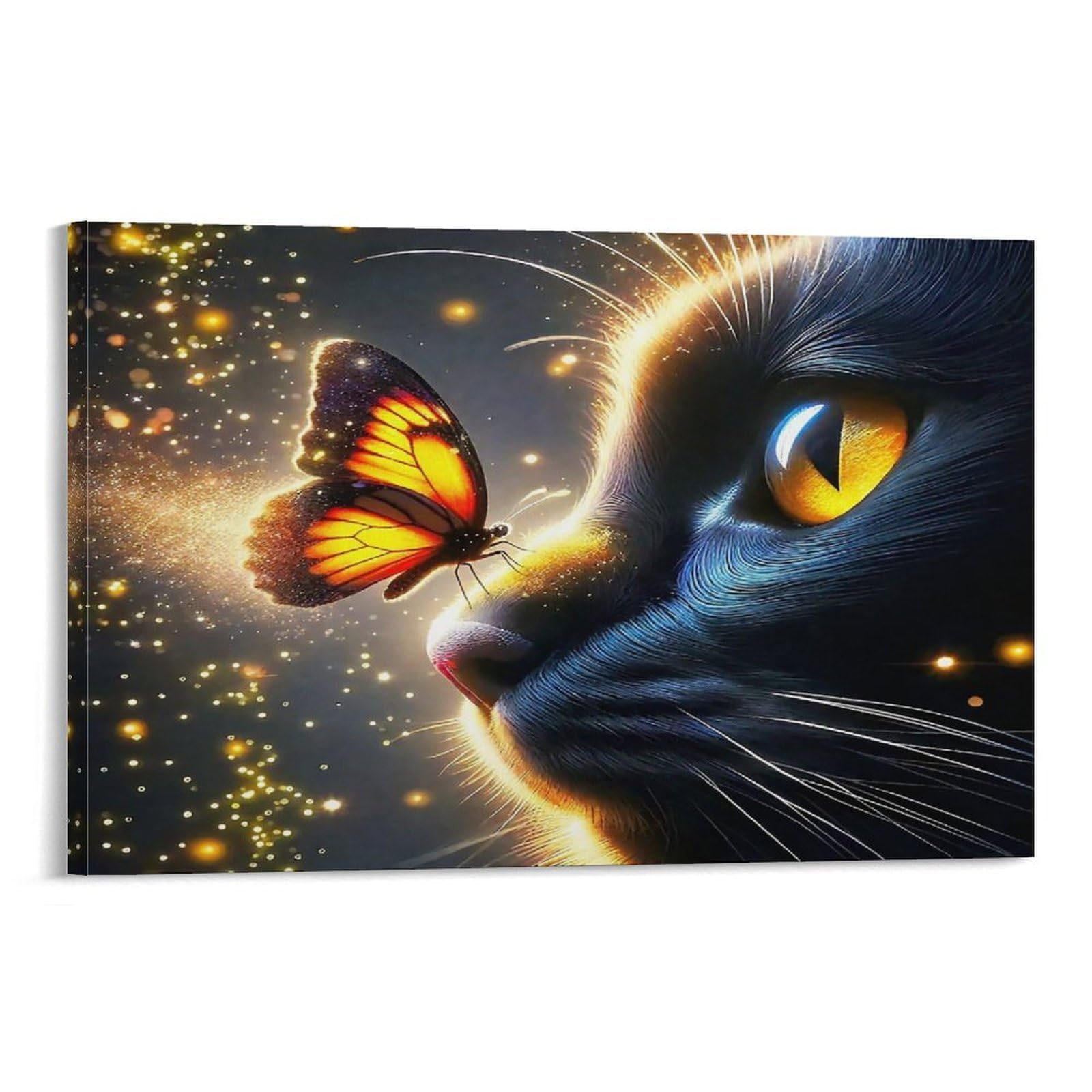 CPLVKWRQJ Sleeping Cat Among Clouds Under Moonlight Individual Black Cat Golden Butterfly Glowing Sparkles Wall Art Decor - Office Wall Focal Art Multi-Purpose Fade Resistant Decor 16x24inch(40x60cm)