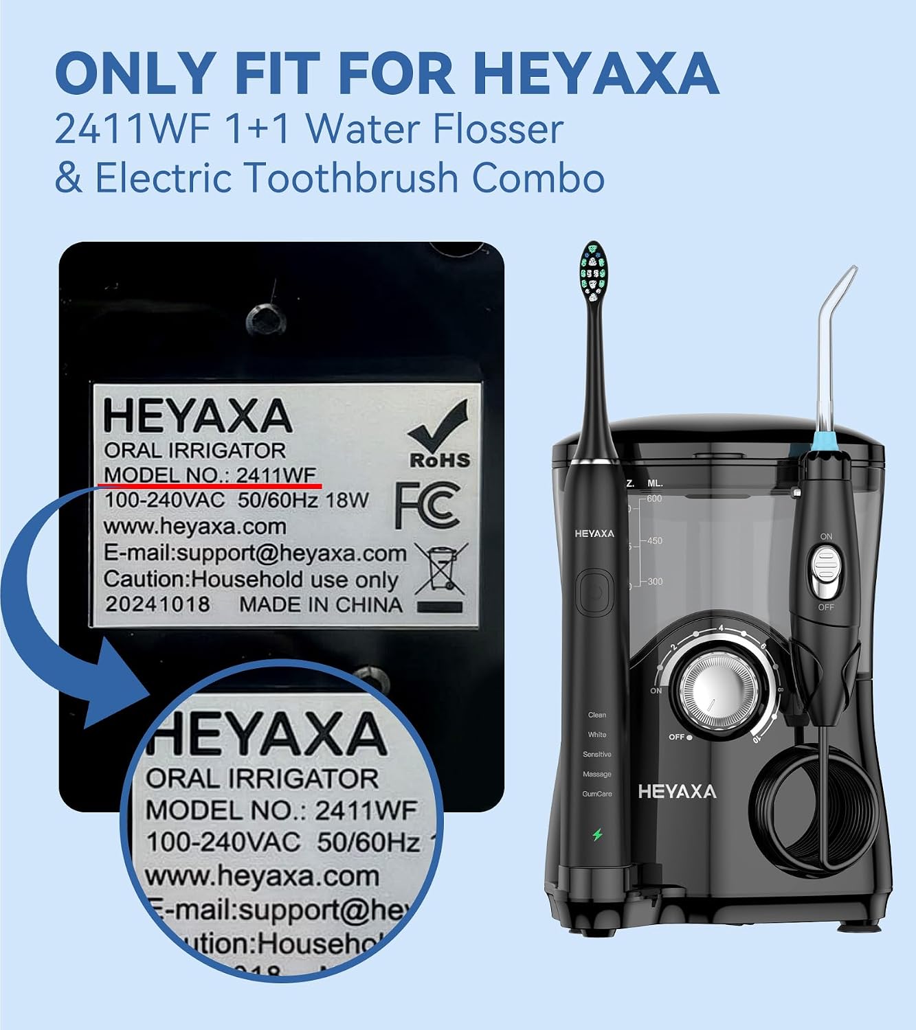 HEYAXA Water Flosser & Ultrasonic Electric Toothbrush Combo 2411WF, Replacement Toothbrush Heads, 5 Pcs, Black