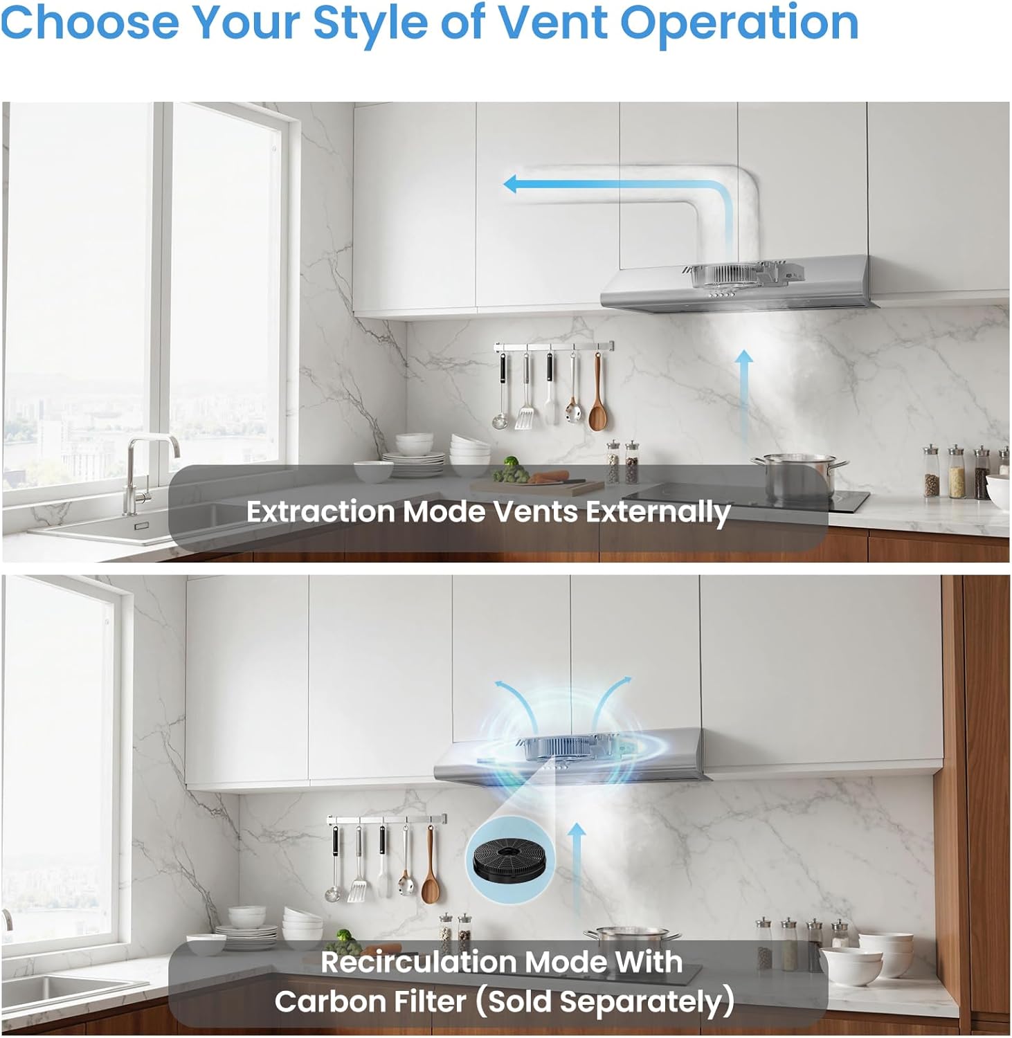 Midea MVU30W4AST 30 inch Under Cabinet Ducted/Ductless Convertible Slim Vent Durable Stainless Steel Kitchen Reusable Filter, 3 Speed Exhaust Fan and 2 LED Lights Range Hood