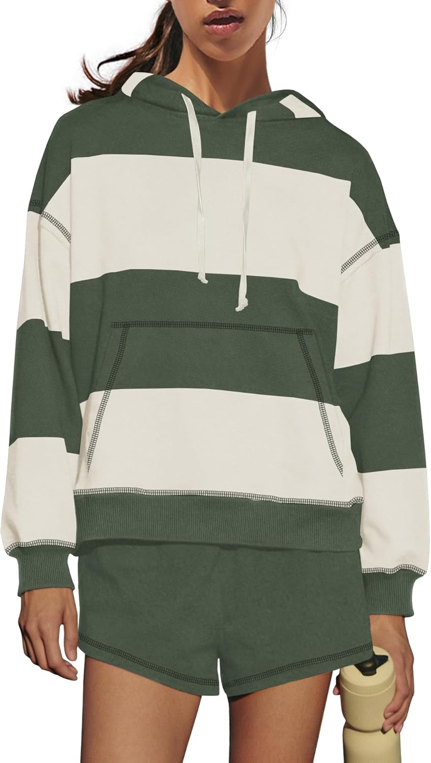 Nirovien Womens Striped Workout Sets 2 Piece Outfits Matching Lounge Set Sweatsuits Oversized Hoodies and Shorts Set - Image 3