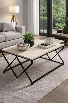 Reyo Falez V L x Orta Sehpa Metal Ayakl  Salon Sehpas  Traverten Desenli Modern Orta Sehpa