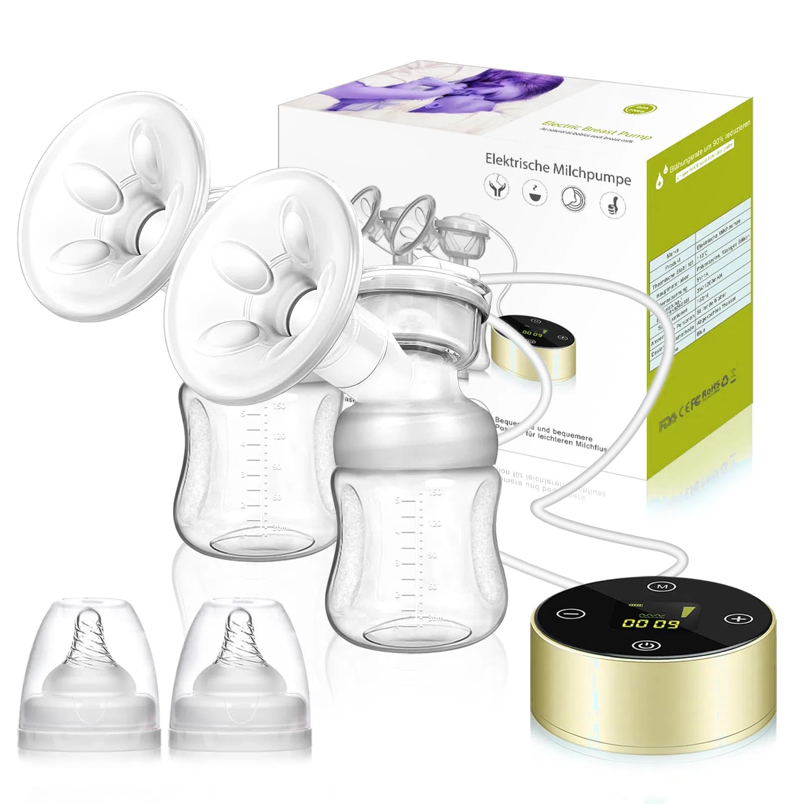 Milchpumpe, Elektrische Milchpumpe Doppel Milchpumpe 3 Modi und 10 Saugstufen Wiederaufladbare BrustpumpeMuttermilch(Gelb)