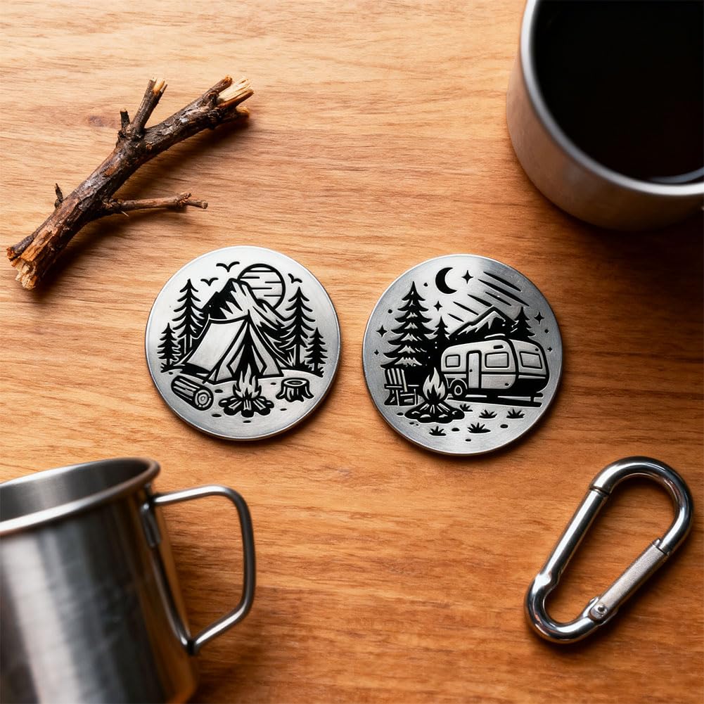 UNICRAFTALE 2Pcs 2 Styles Stainless Steel Camping Party Challenge Coin with Paper Box Decision Maker Coin Gifts for Men Women Camp Bachelorette Party Favors for Camping Bridal Shower Team Bride - Image 2