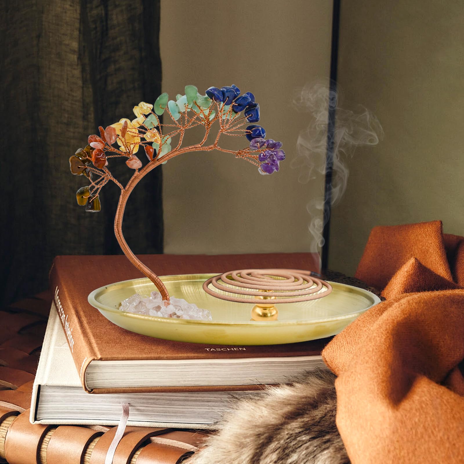 Bruciatore di incenso 5 in 1, 7 chakra, in cristallo, a forma di albero, per bastoncini di incenso, in ottone, per yoga, meditazione, decorazione per la casa (rotondo)