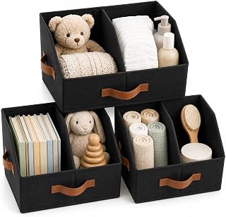 HOMELUX THEORY Closet Organizers Storage, Small Collapsible Bin 3pc, Black | Trapezoid shape fits compact shelves, Leather handles, Adjustable dividers, Fabric & collapsible, Clothes & shelf organizer