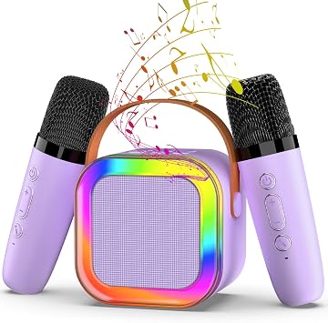 Mini Karaoke Machine with 2 Mics, Wireless Microphones for Kids Adults Toddler with LED Party Lights, Kids Microphone Christmas Birthday Gift for Girls Toys 4, 5, 6, 7, 8, 10 12+ Years Old Purple