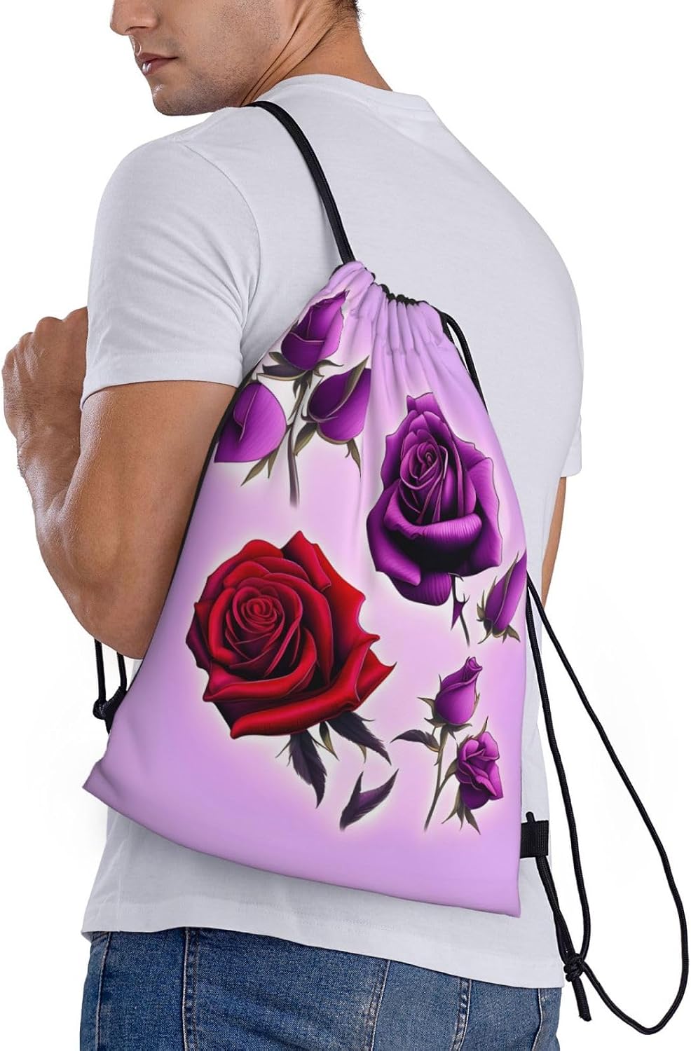 Red and purple roses Foldable drawstring backpack, lightweight storage bag - large-capacity fitness travel bag image 2