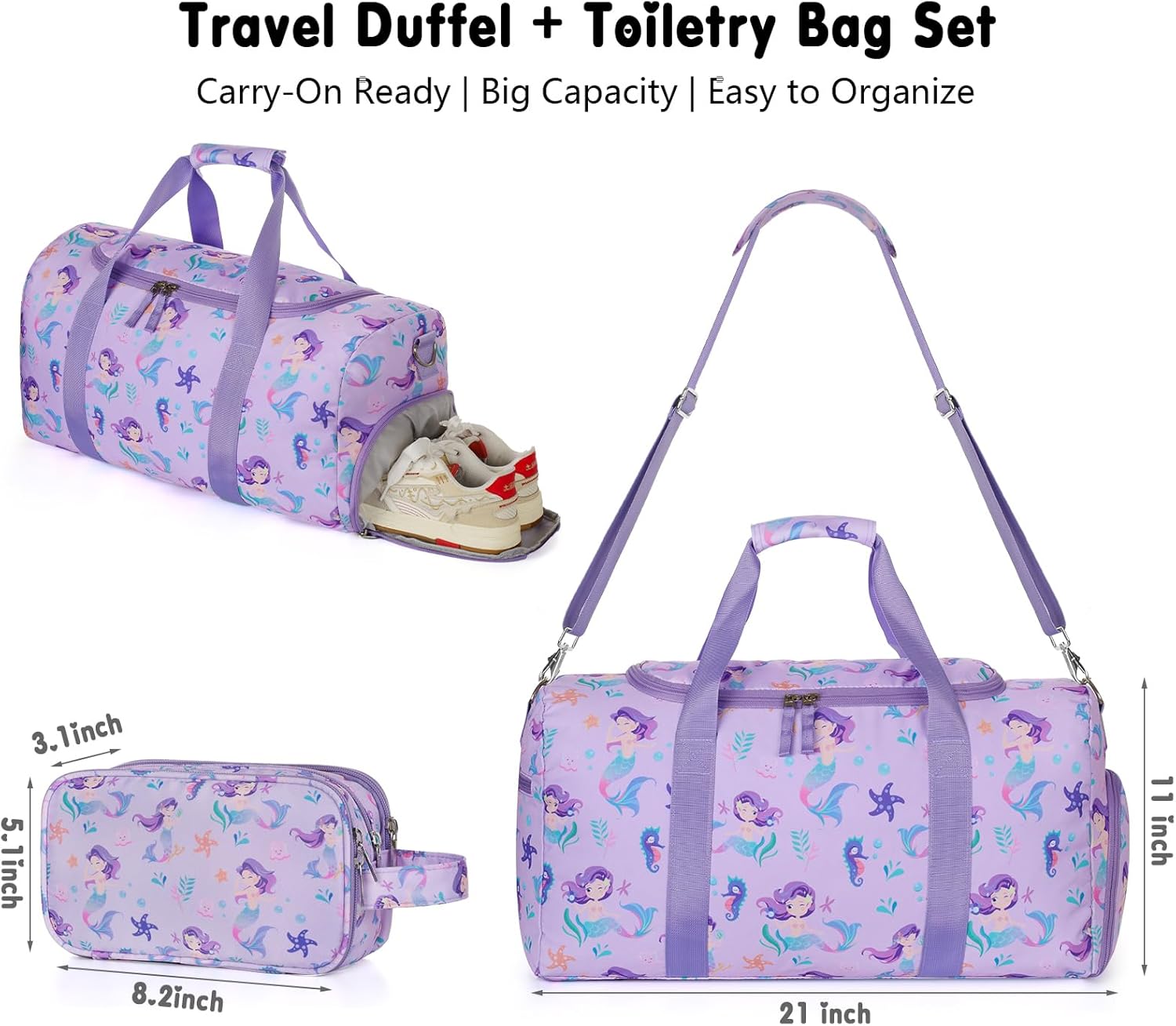 Girls Duffle Bag for Travel, Kids Duffle Bag Large Weekender Overnight Bags with Kids Toiletry Bag Set Shoe Compartment Carry on, Mermaid Purple