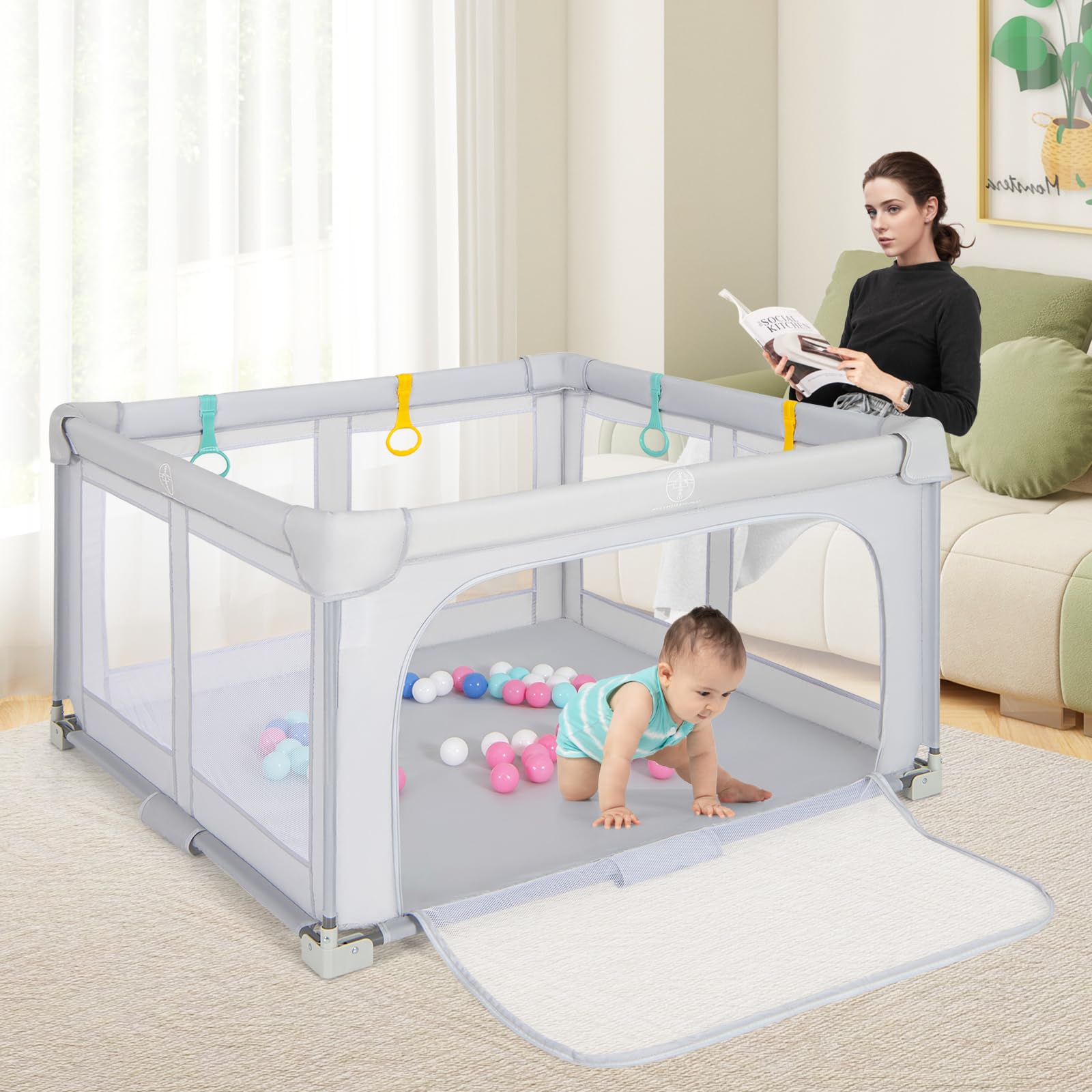 RELAX4LIFE Parque Infantil Bebe 127 x 127 cm con 4 Anillas y 50 Bolas Oceánicas, Corralito Bebe con Bolsa de Trasnporte, Puerta con Cremallera, Parque de Juegos para Niños de 0-3 Años (Gris)