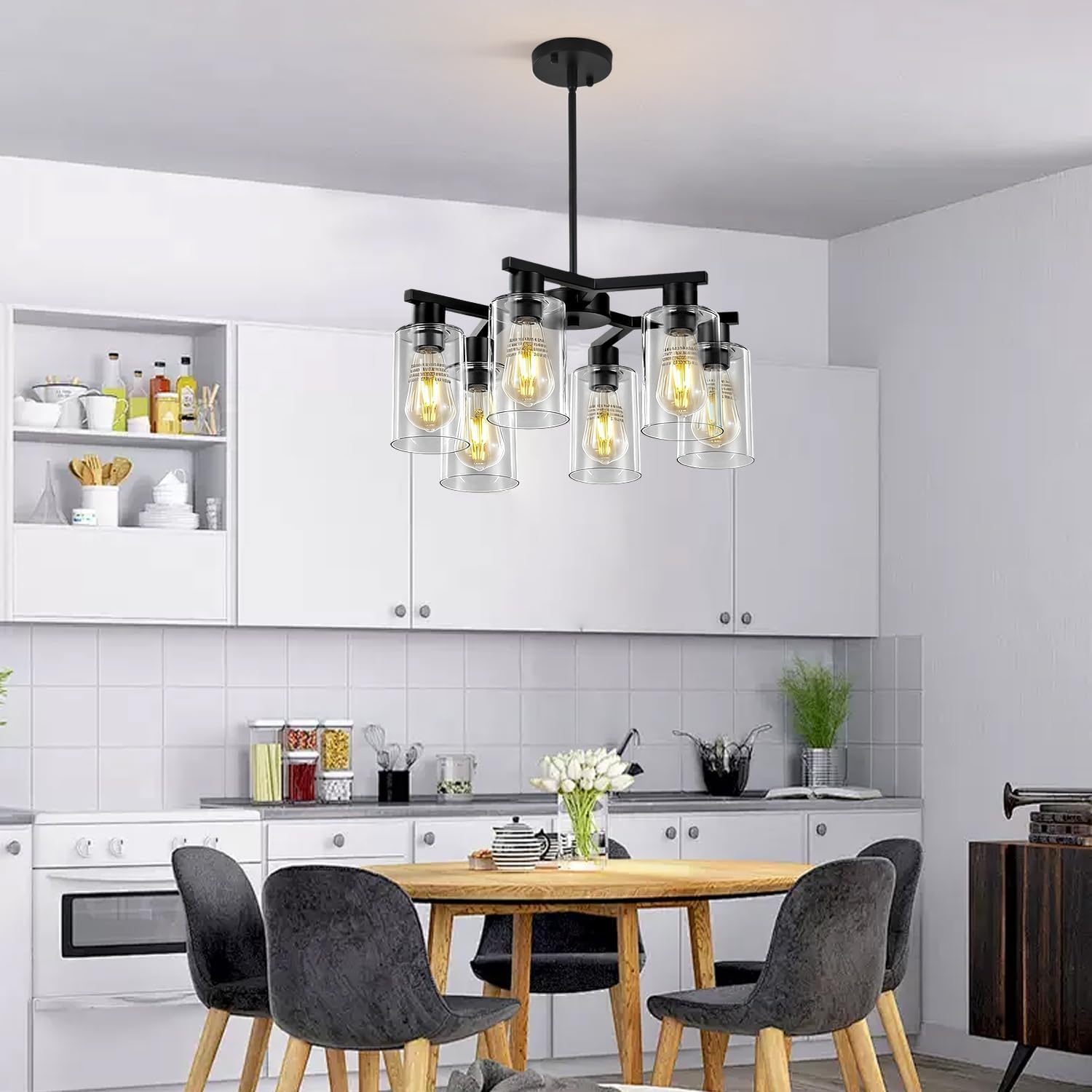 6-Light Black Modern Farmhouse Chandelier, Dining Room Light Fixtures Over Table, Contemporary Adjustable Height Industrial Pendant Lighting Clear Glass Shade Pendant Lamp for Kitchen Island Entryway
