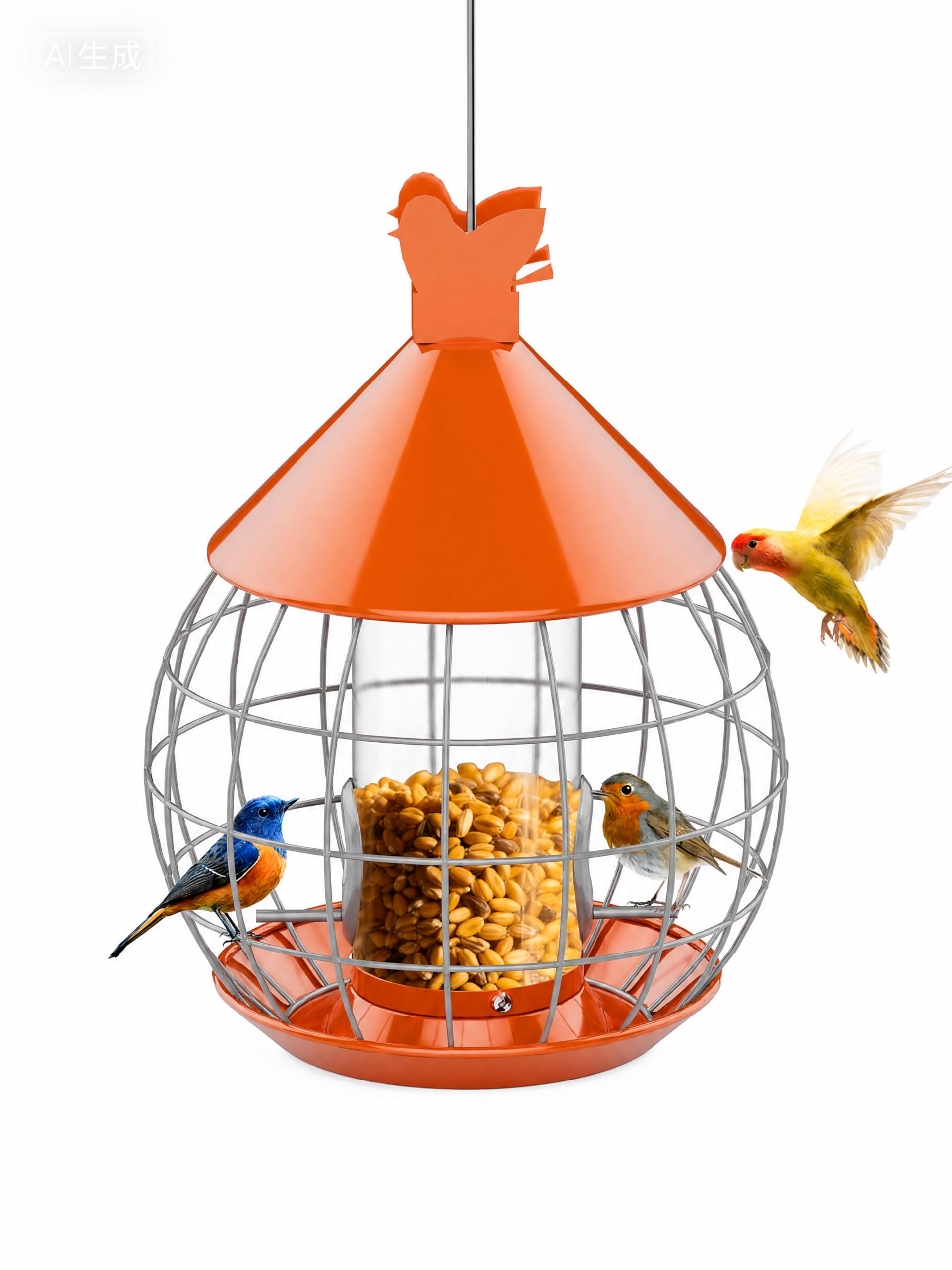 Hanging Metal Bird Feeder with Squirrel-Proof Cage, Large Capacity Weather-Resistant Feeder for Wild Birds, Easy to Fill & Clean, Ideal for Wrens, Finches & Cardinals (Orange)