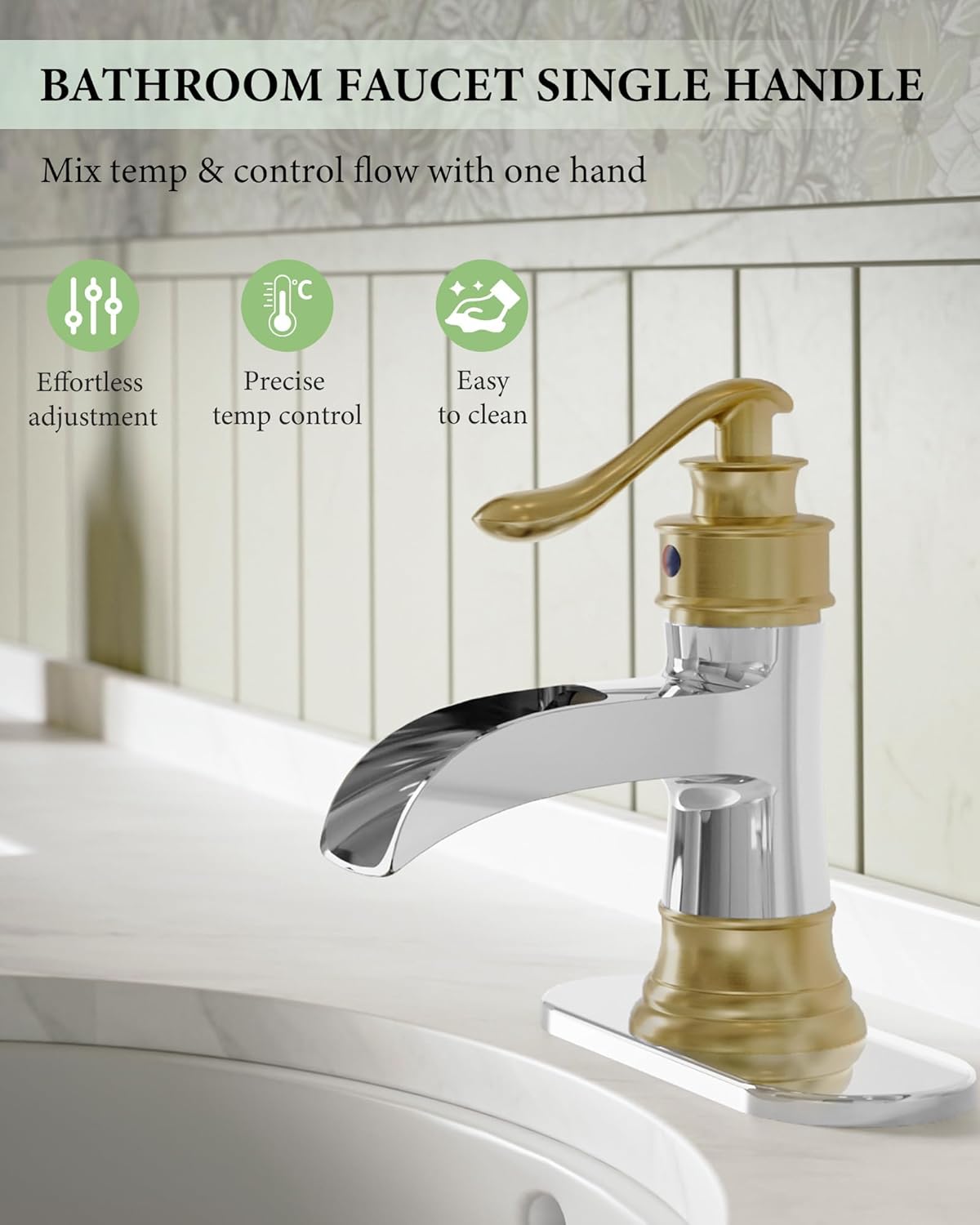 Homevacious Bathroom Faucet Waterfall Sink Faucets Bathroom Widespread Single Handle Chrome and Gold for 1 or 3 Holes Rustic Vanity Farmhouse with Pop-up Drain Deck Plate Hose