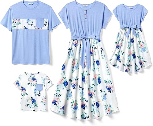 PATPAT Conjuntos familiares a juego de manga corta con cinturón, estampado empalmado y camisetas casuales a juego