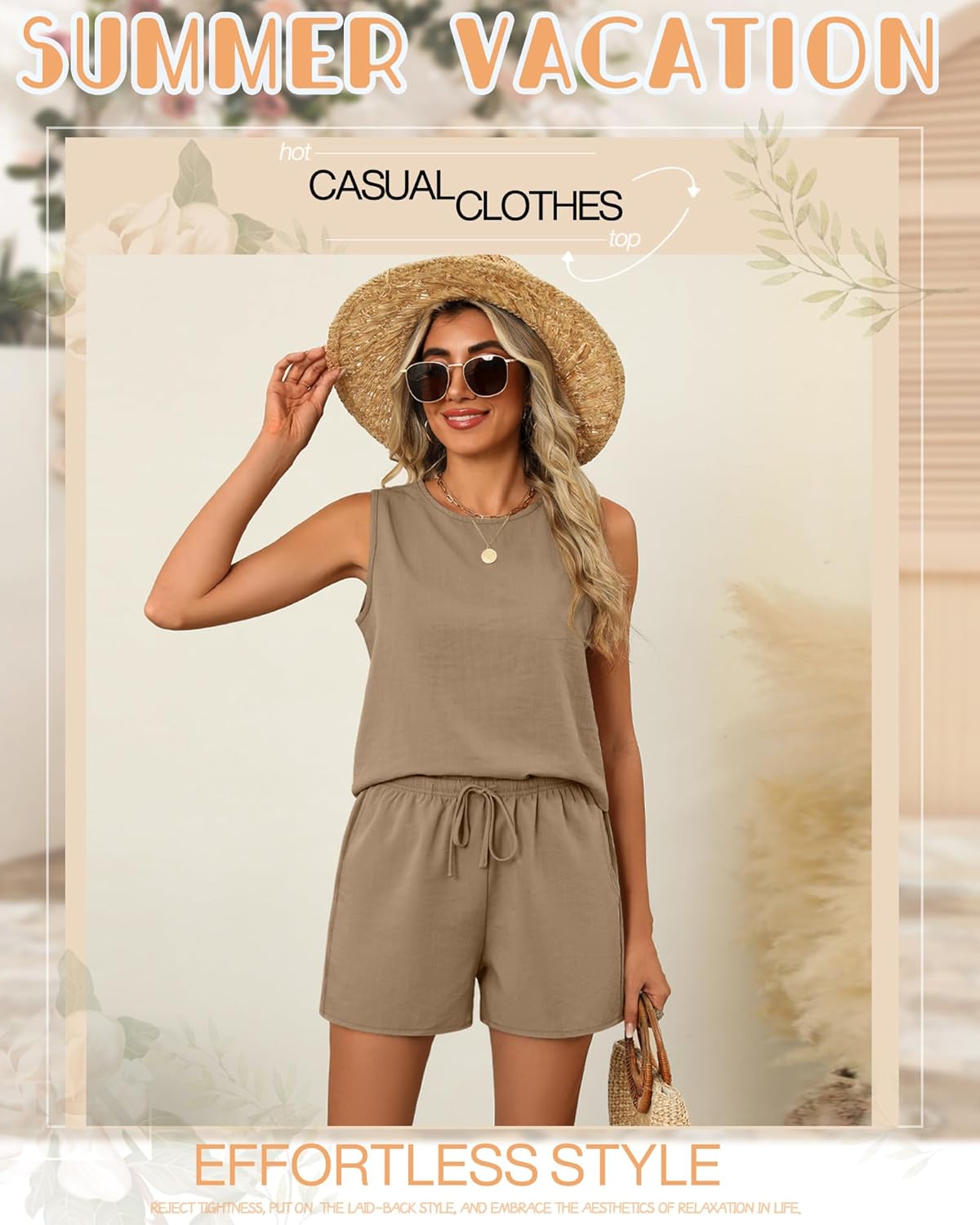 Ficerd Women's Summer 2 Piece Outfits Sets Cotton Linen Sleeveless Crop Top Tank and Drawstring Casual Shorts with Pocket - Image 5