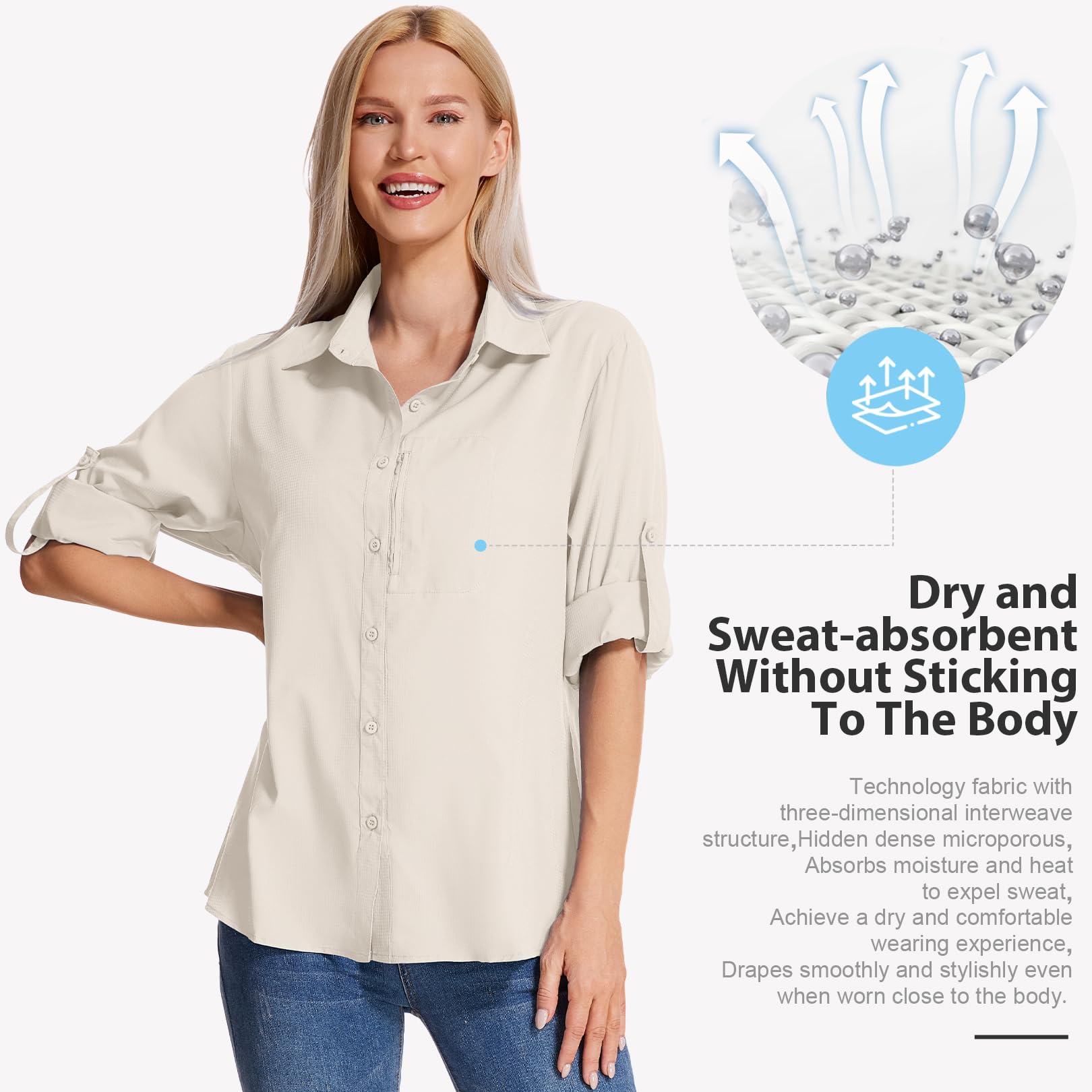 Camisas de senderismo con protección solar para mujer, de manga larga, ligeras, de secado rápido, ropa de safari para viajes, pesca, camisa cargo