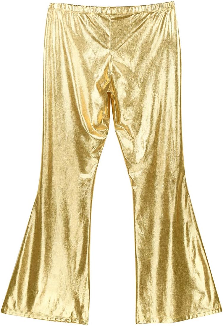 JEATHA Mens Shiny Metallic Retro Disco Bell Bottom Flared Straight Pants Long Leggings Trousers