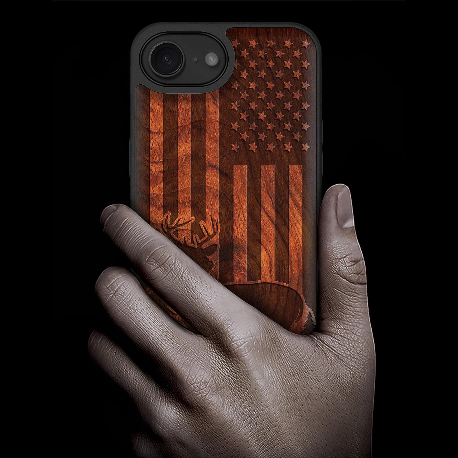 Carveit Magnetic Wooden Case for iPhone 16e / 17e, Solid Wood & Black TPU, Artisan Engraved Design, Shockproof Cover, Compatible with MagSafe Wireless Chargers, Patriotic Deer Silhouette - Rosy