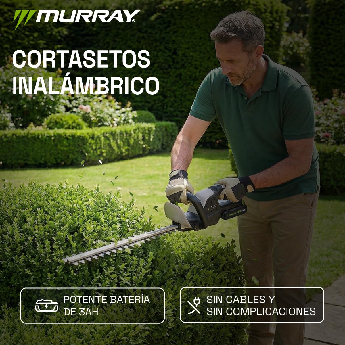 Murray Cortasetos Inalámbrico 20V MU-BAT-HT45-KIT – Cortasetos sin Cable con Cuchilla de Acero de 45,5 cm – Doble Interruptor de Seguridad, Corte 16 mm – 1550 RPM para Setos Precisos