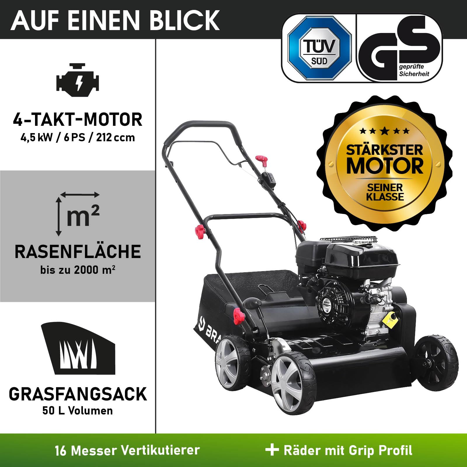 BRAST® Vertikutierer Benzin 4,5kW (6,12PS) | 4-Takt Motor 212ccm | 40-45cm Arbeitsbreite | TÜV geprüft | 50L Fangkorb | viele Modelle für kleine bis sehr große Rasenflächen | BRB-RV-40212s