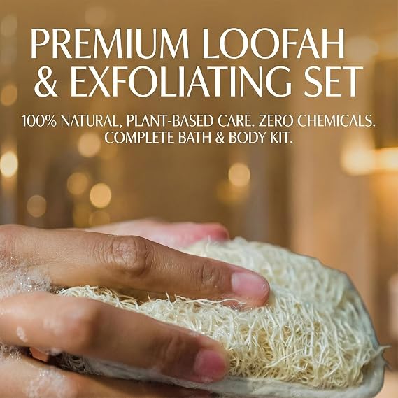 Natural Loofah Back Scrubber for Shower for Men and Women, Exfoliating Loofah Sponge with Soap Saver (1Back+2Pads+1Bag)