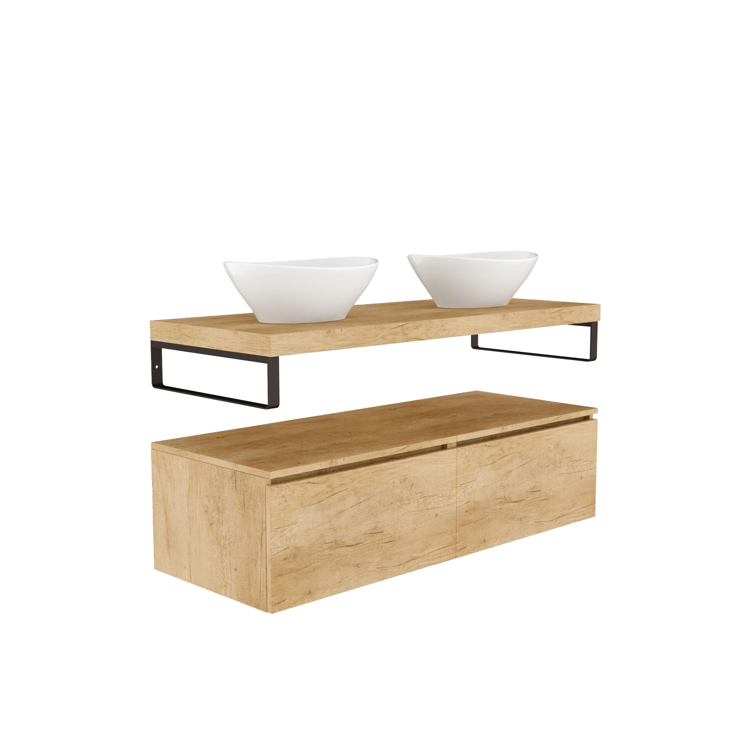 BAIKAL Mueble de Baño OVE. Mueble MONTADO. Armario con Lavabo. Encimera de Madera con Escuadras. Armario de Baño Suspendido. Incluye Lavabo Cerámico. 2 Cajones 120cm Nature