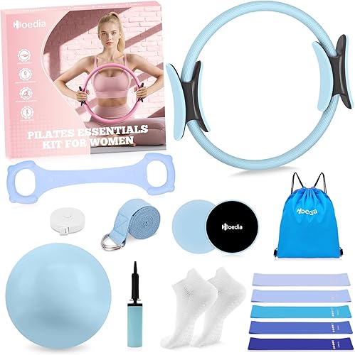 Miniatura 10 de Hoedia Kit de Pilates de 17 Piezas para Mujeres, Equipo de Pilates Anillo y Pelota Set con Bandas de Resistencia, Correa de Yoga, Deslizadores para