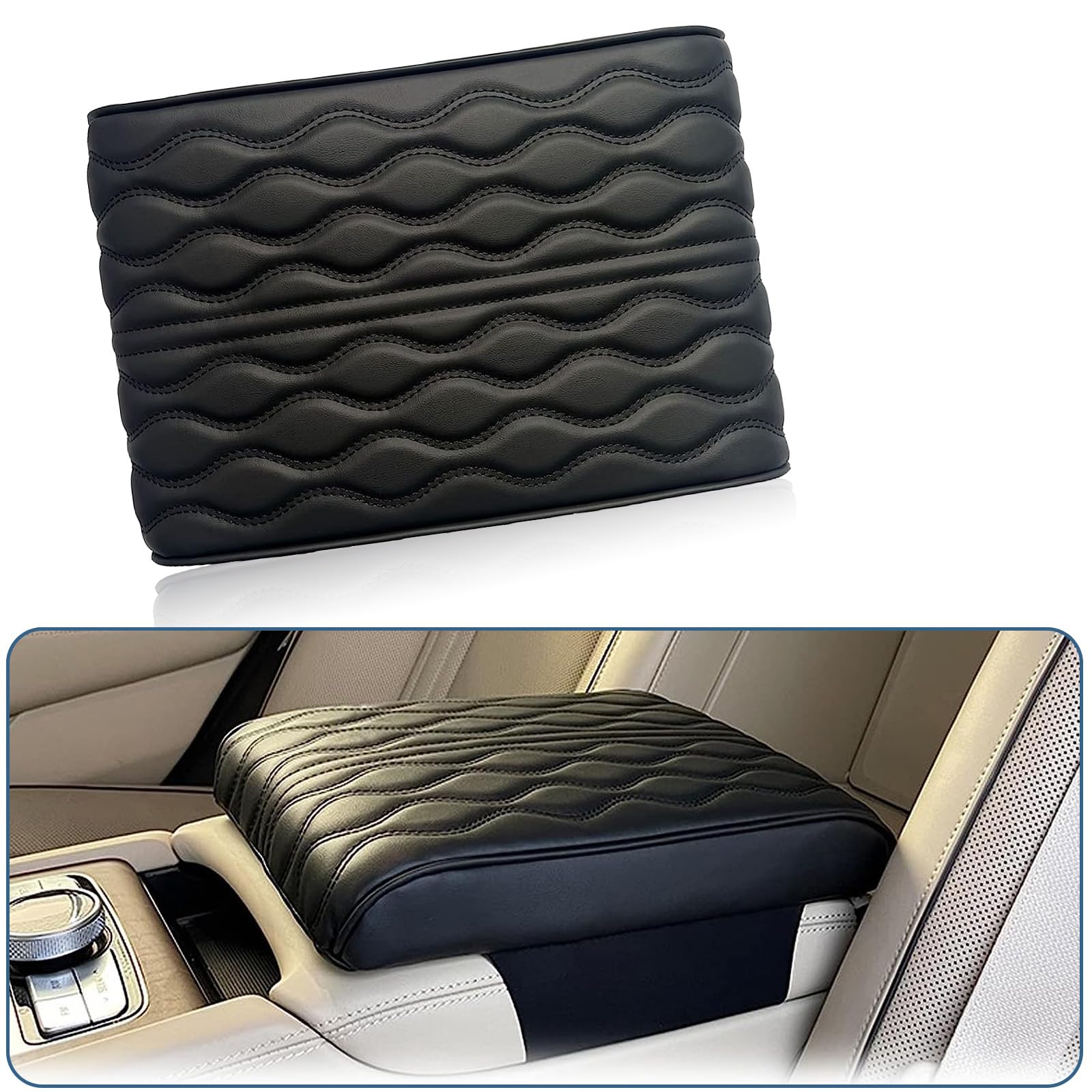 Pack-1 Car Armrest Box Height Increase Cushion, 12.59" x 8.66" Wave Pattern Memory Foam Armrest Box Cover, Leather Middle Consoles Protector, for Most Car, SUV, Truck (Black)