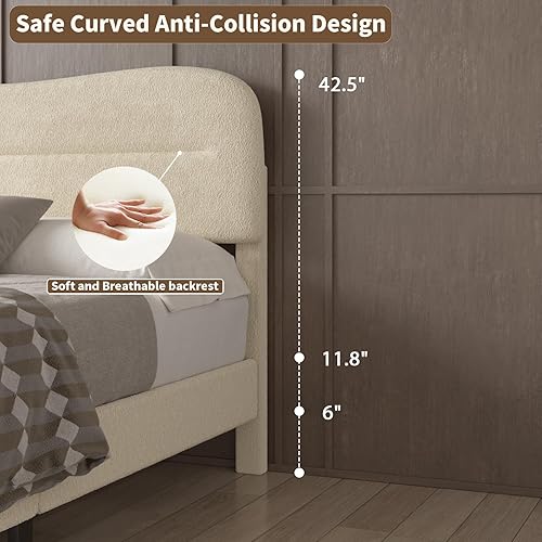 Miniatura 6 de Base de cama tamaño Queen con cabecero, marco de cama tapizado tamaño Queen, tela suave de peluche, cabecera tapizada en forma de malvavisco de nube