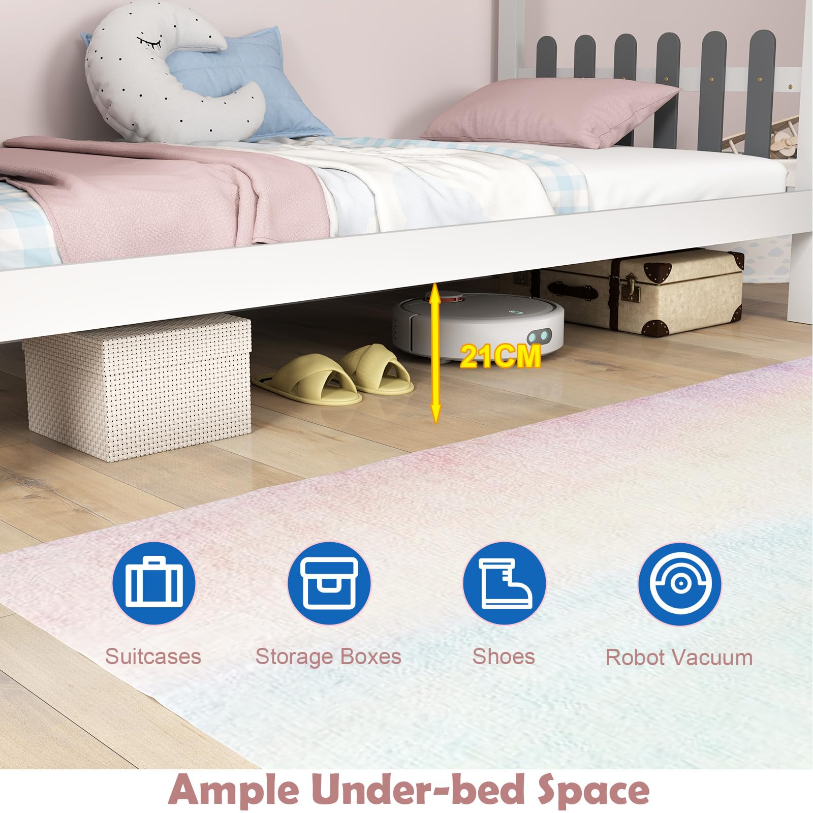 LIFEZEAL 200 x 90 cm Kinderbett mit Schreibtisch, Hausbett mit 2 Schubladen für Kinder & Jugendliche, Jugendbett mit Beine aus Massivholz, Holzbett bis zu 150kg