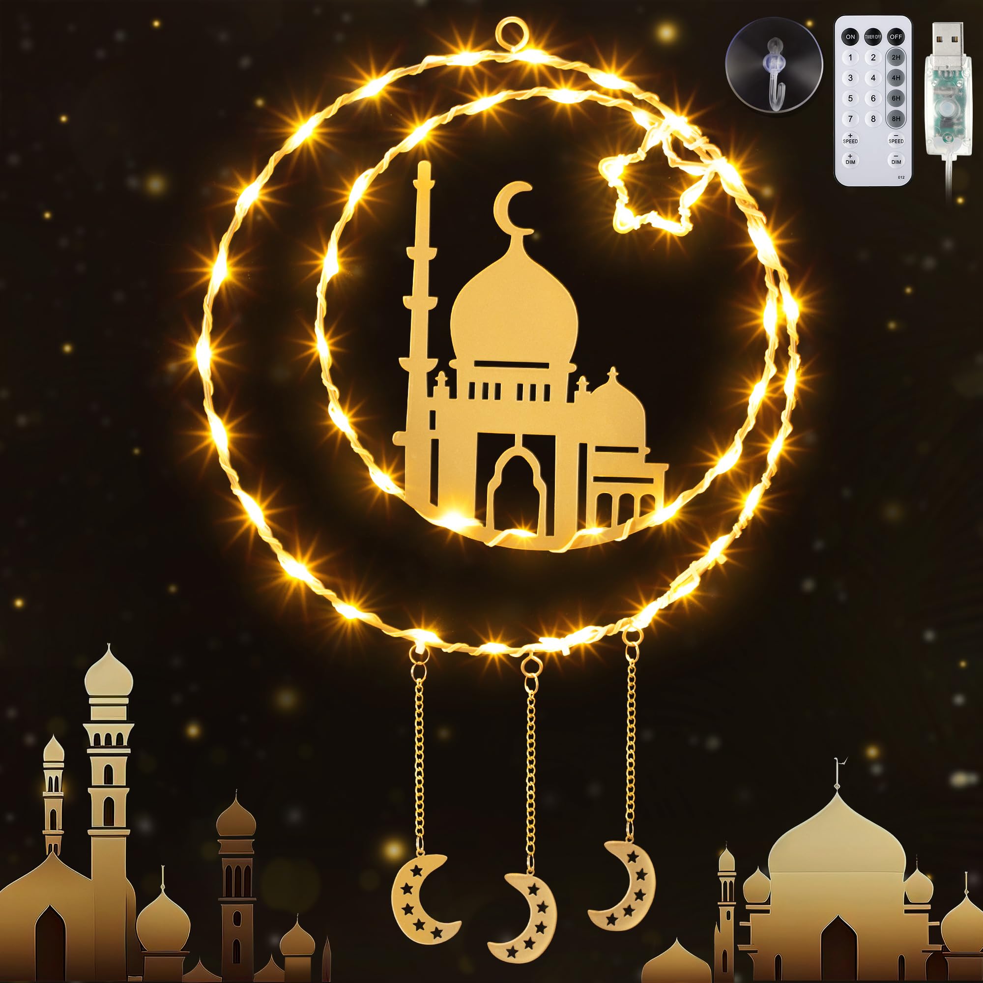 MeonumEid Ramadan Decorations Window Lights, 12'' 8 Modes Warm Yellow Eid Mubarak Silhouette Light USB Powered with Timer and Speed Control for Ramadan Mubarak Islam Muslim Party Decor(Castle)