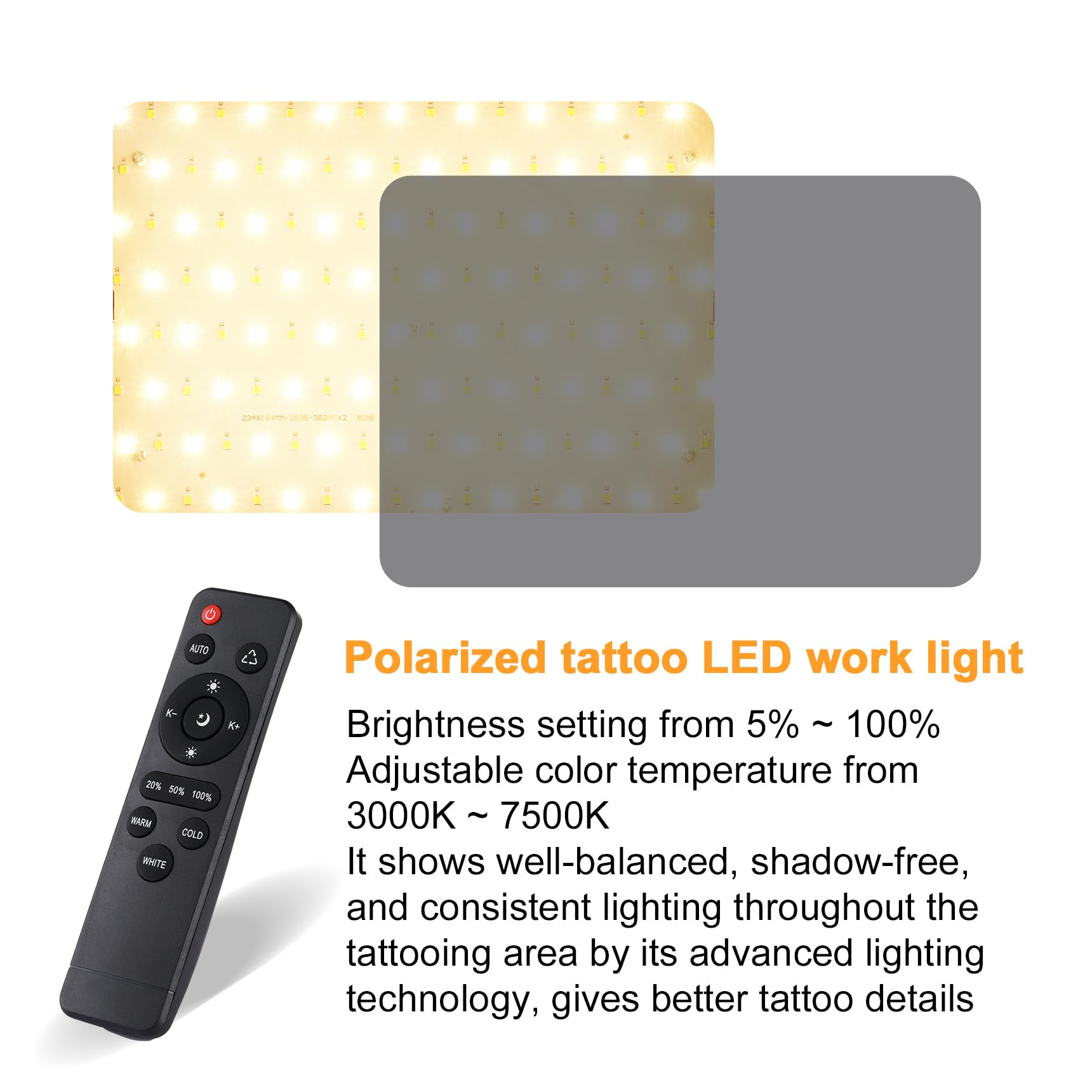 Lampada da lavoro a LED polarizzata con lenti per visione del tatuaggio e cornice extra per eliminare le ombre, alta definizione, dotata di supporto per luci a 360°