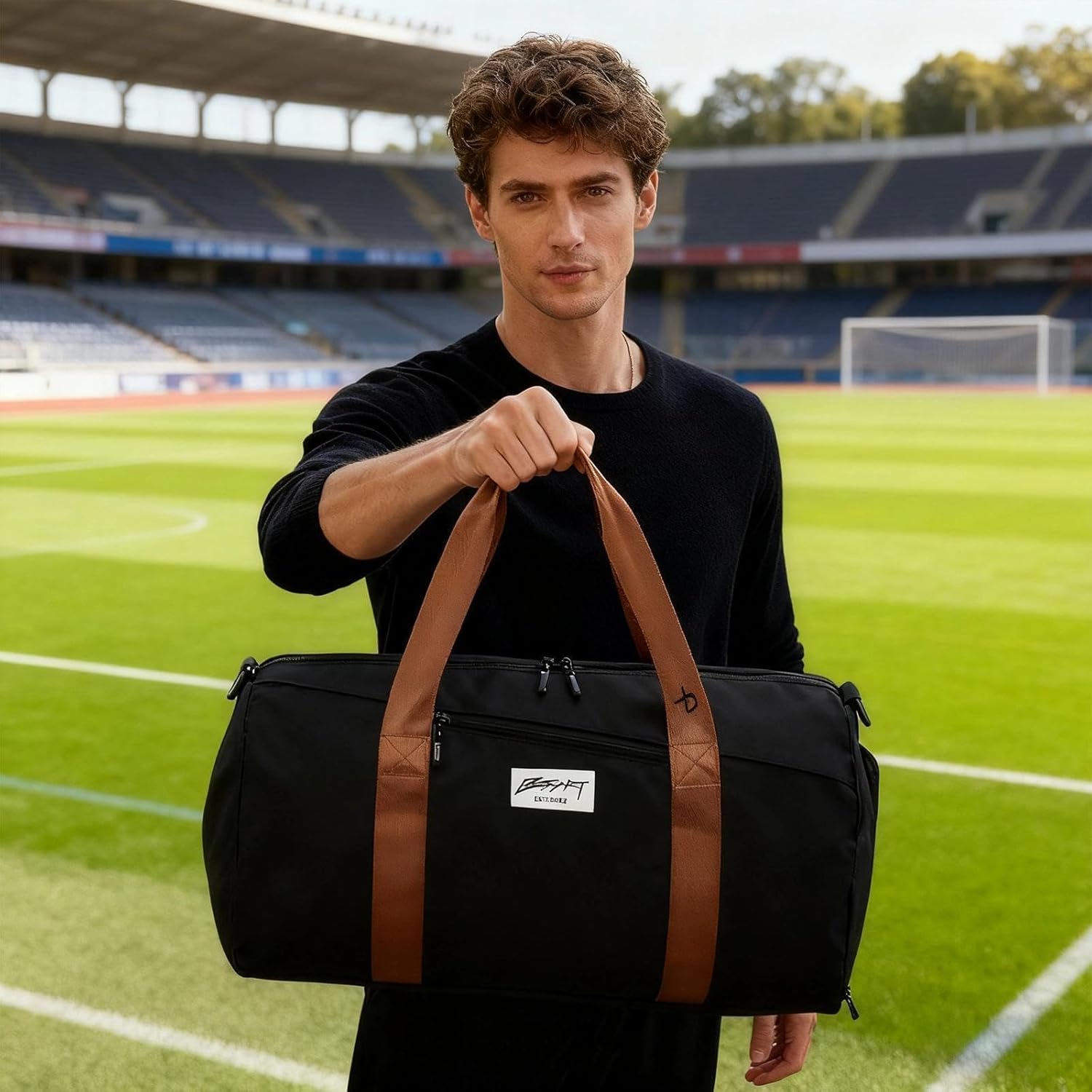 BE SMART Waterproof Mens Gym Bag with Shoe Compartment, Sports Gym Duffle Bag with Adjustable Strap for Men Women, Lightweight Large Sport Duffel Bag for Travel, Sports, Workout(Black/Brown) - Image 6