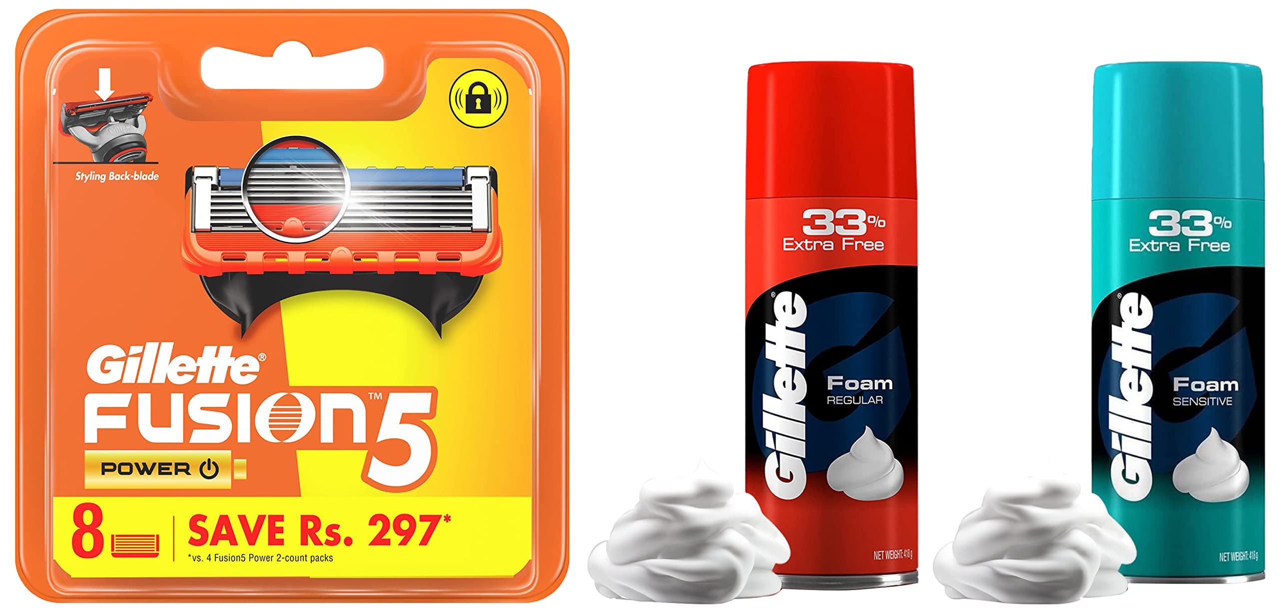 Fusion Power Blades for men - 8 count for Perfect Shave and Perfect Beard Shape & Classic Sensitive Shave Foam - 418 g (33% extra) & Classic Regular Pre Shave Foam, 418g with 33% Extra Free