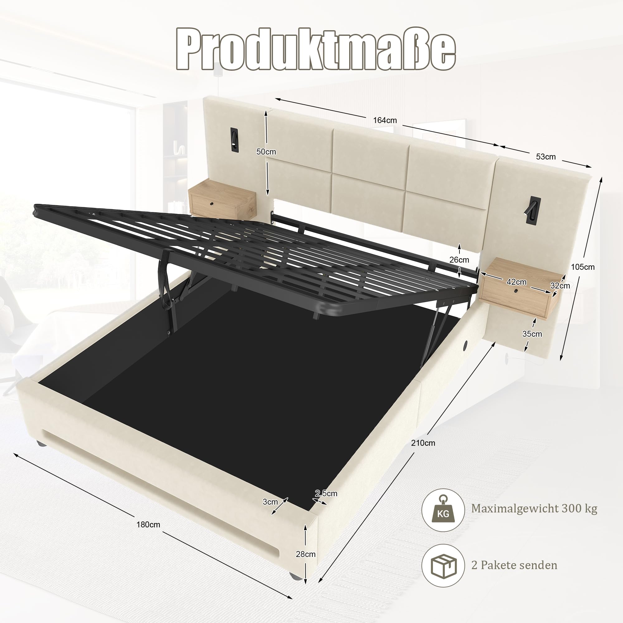 Łóżko tapicerowane 180 x 200 cm, hydrauliczne łóżko do przechowywania z lampką nocną LED, łóżko młodzieżowe ze złączami USB-C, podwójne łóżko z metalową ramą, łóżko do sypialni (bez materaca