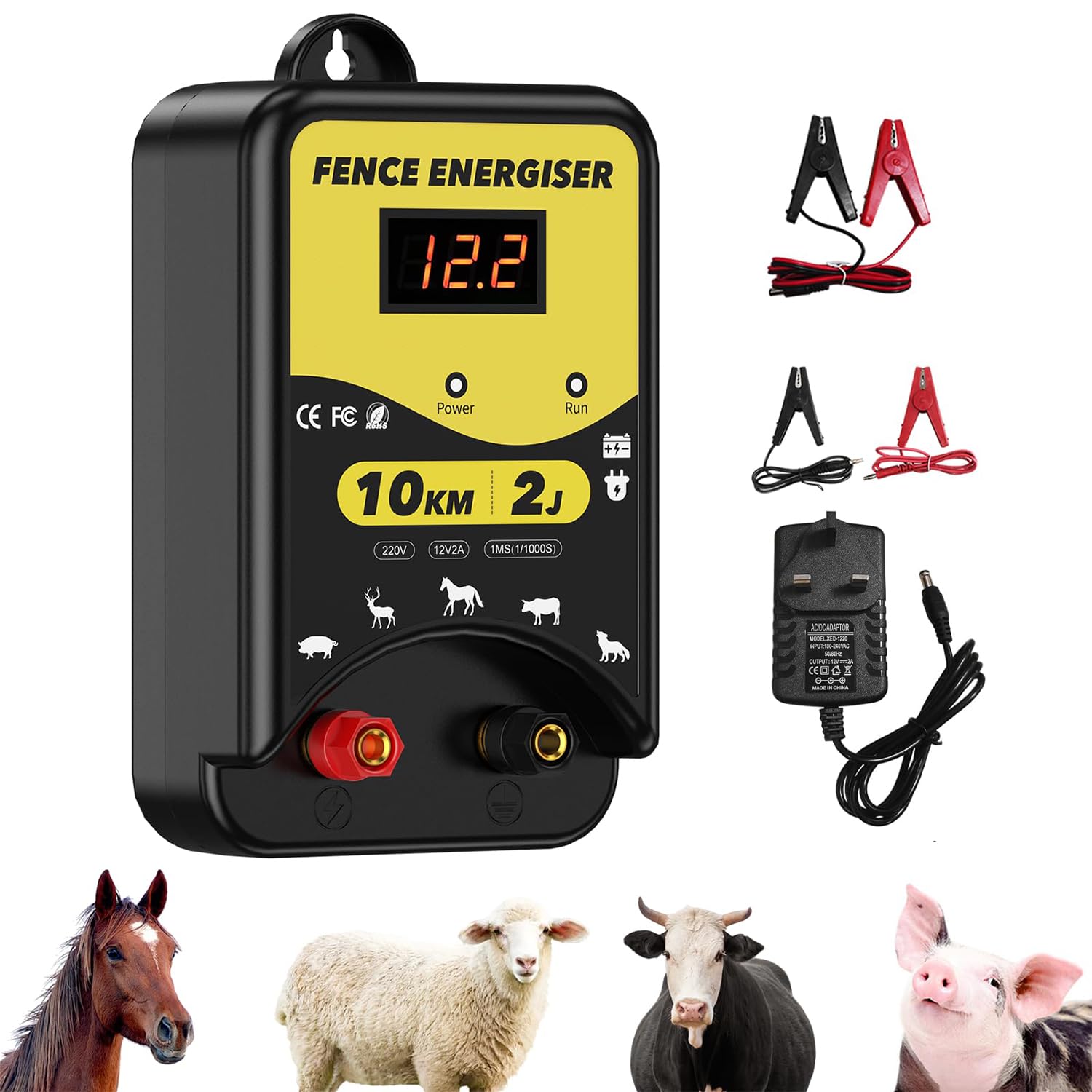 Energizador eléctrico de valla de 12 voltios, funciona con pilas, conectores 2J, alcance de 10 km, IPX5 impermeable con pantalla LED, resistente a la intemperie para caballos y otros animales