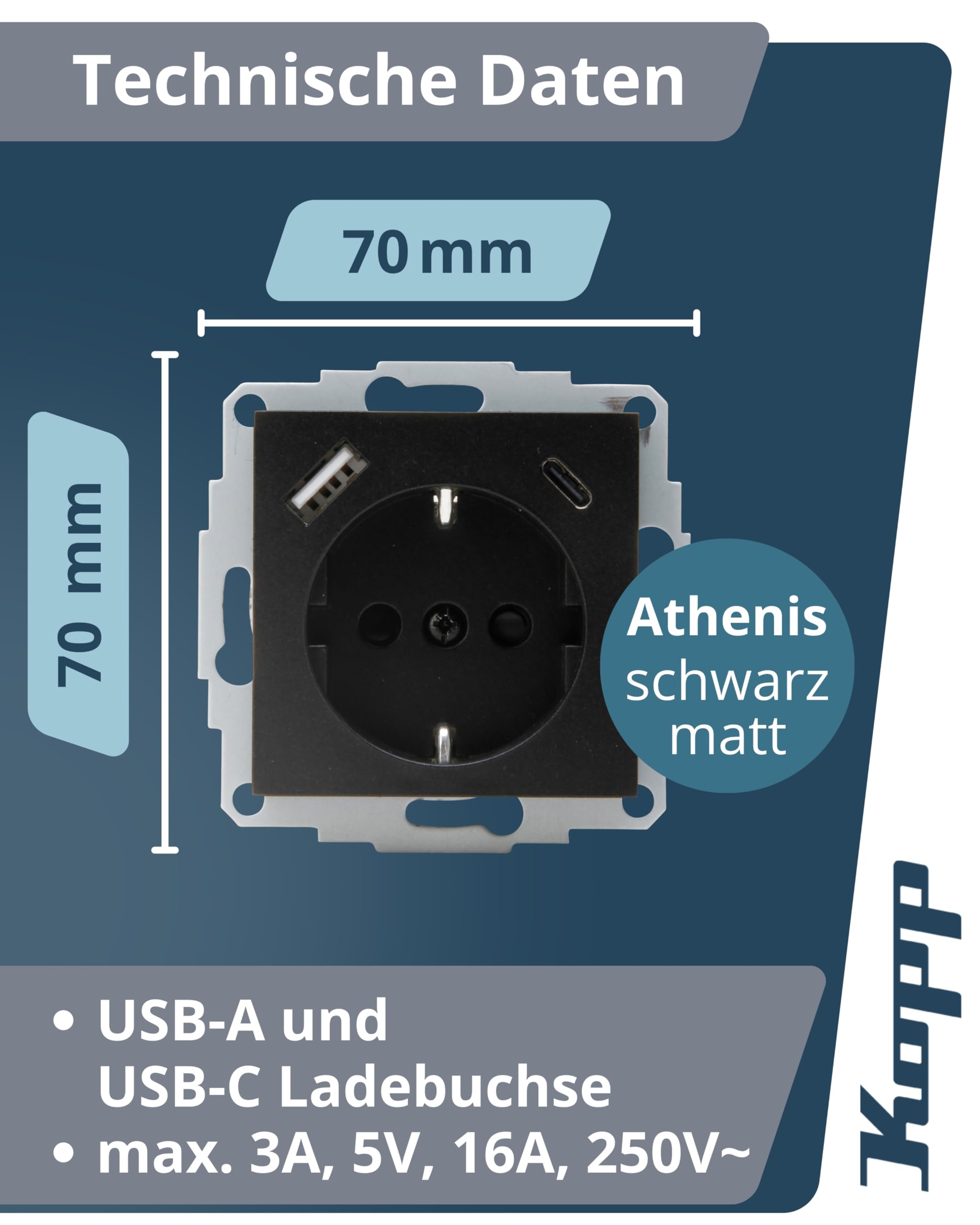 Kopp ATHENIS Unterputz-Steckdose mit USB A & USB C in Schwarz matt – Schutzkontakt-Steckdose mit integrierten Ladebuchsen – 16 A / 250 V~ IP20 – Steckklemmen & erhöhter Berührungsschutz