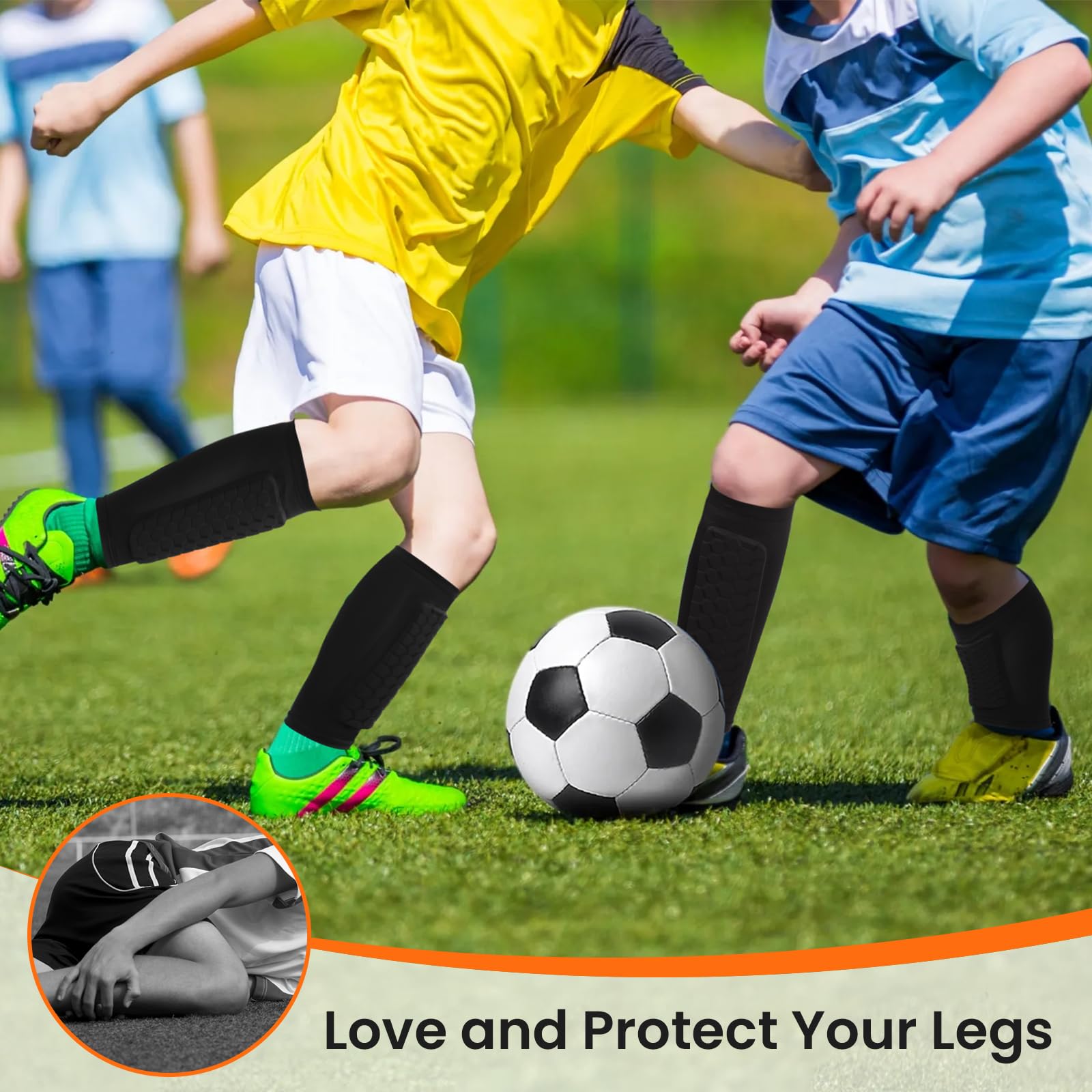 2 Paio di Parastinchi Calcio Bambino, Con Imbottitura Lunga a Nido D'ape, Manica Protettiva per Polpacci, Traspiranti e Non Slip, Parastinchi Calcio Professionali Antiurto