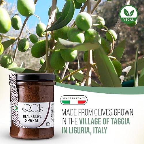 Miniatura 3 de ROI Ligurian Taggiasca Tapenade Olive Spread - Sándwich para untar y bruschetta, Tapenade de oliva para antipasto, salsas, galletas, pan, aperitivos