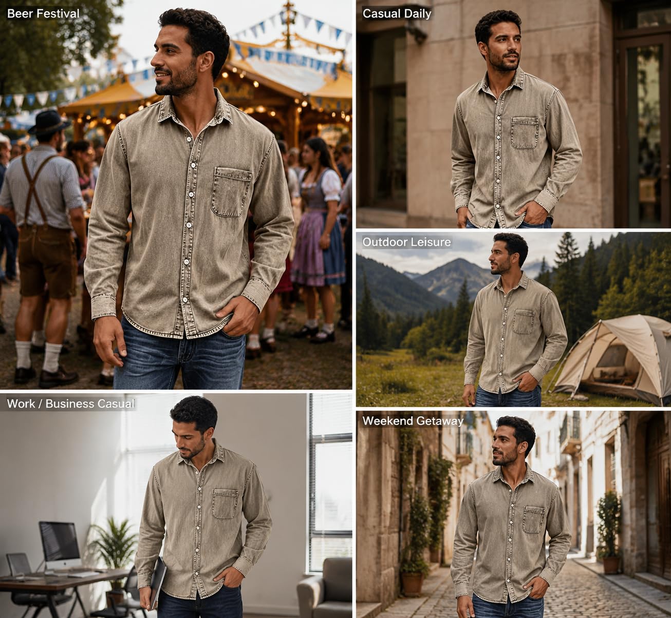 Camicia Da Uomo In Denim Effetto Vintage Lavato, Giacca Stile Oktoberfest Con Tasche, Vestibilità Regolare, Maniche Lunghe, Abbottonatura Frontale, Top Western Per Autunno/Inverno, Da Indossare Tut