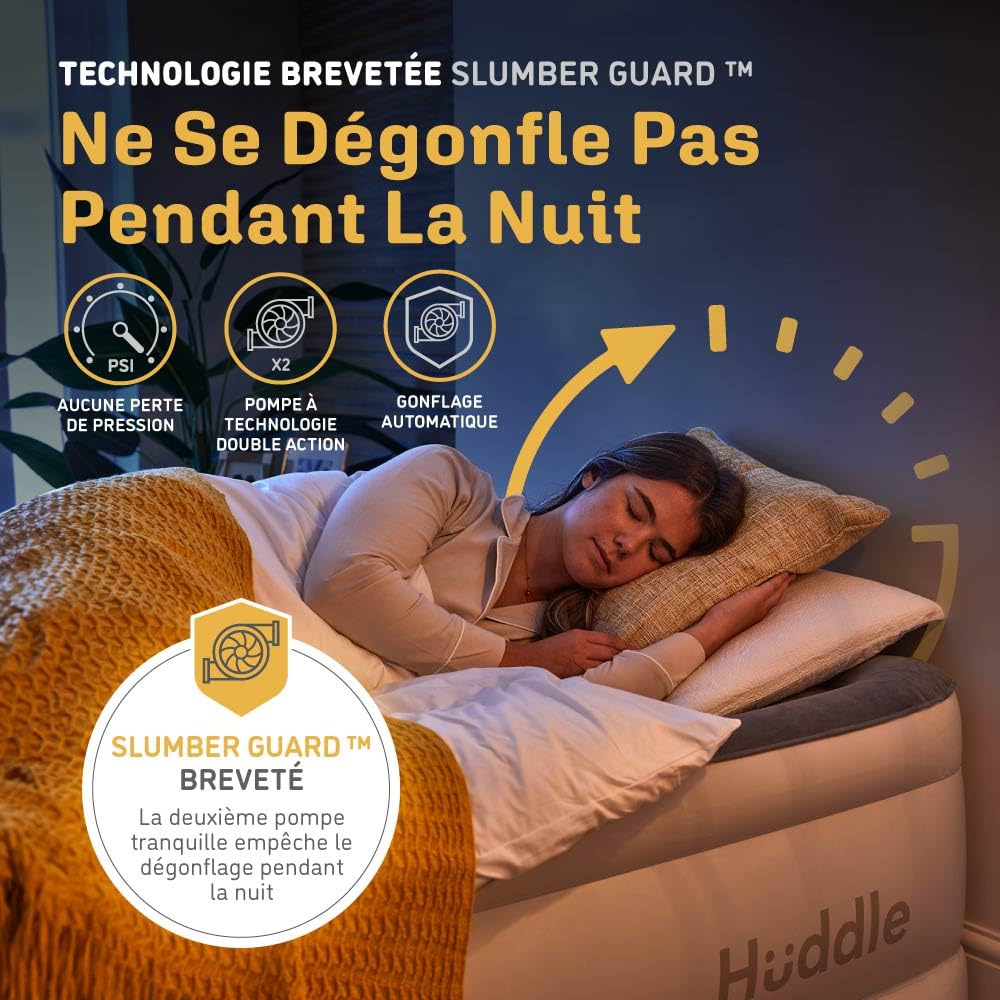 Huddle® Never Deflate™ Luxury lit Double Gonflable, lauréat Good Housekeeping 2025, doté de la Double Pompe SlumberGuard™, fermeté réglable, Pompe intégrée et veilleuse USB